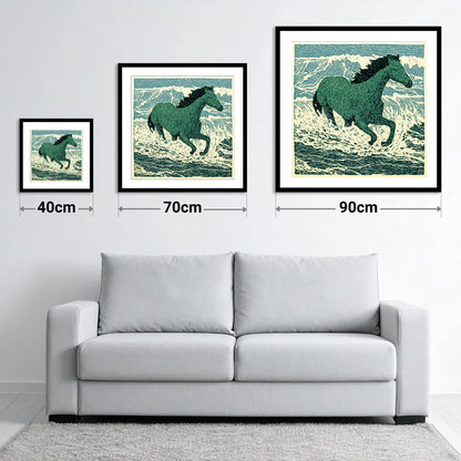 Emerald Surf Canter - size guide showing 40cm, 70cm and 90cm art prints