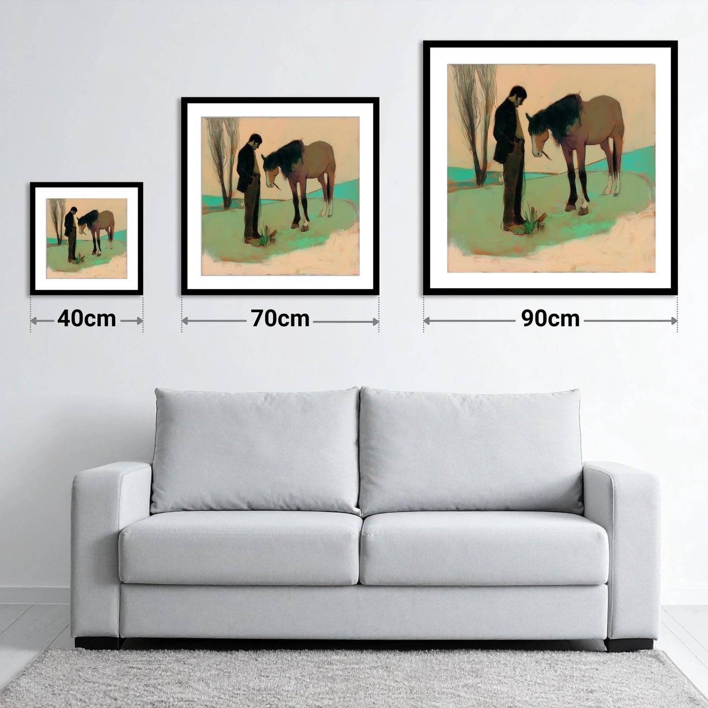 The Quiet Bond - size guide showing 40cm, 70cm and 90cm art prints