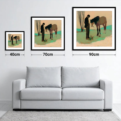 The Quiet Bond - size guide showing 40cm, 70cm and 90cm art prints