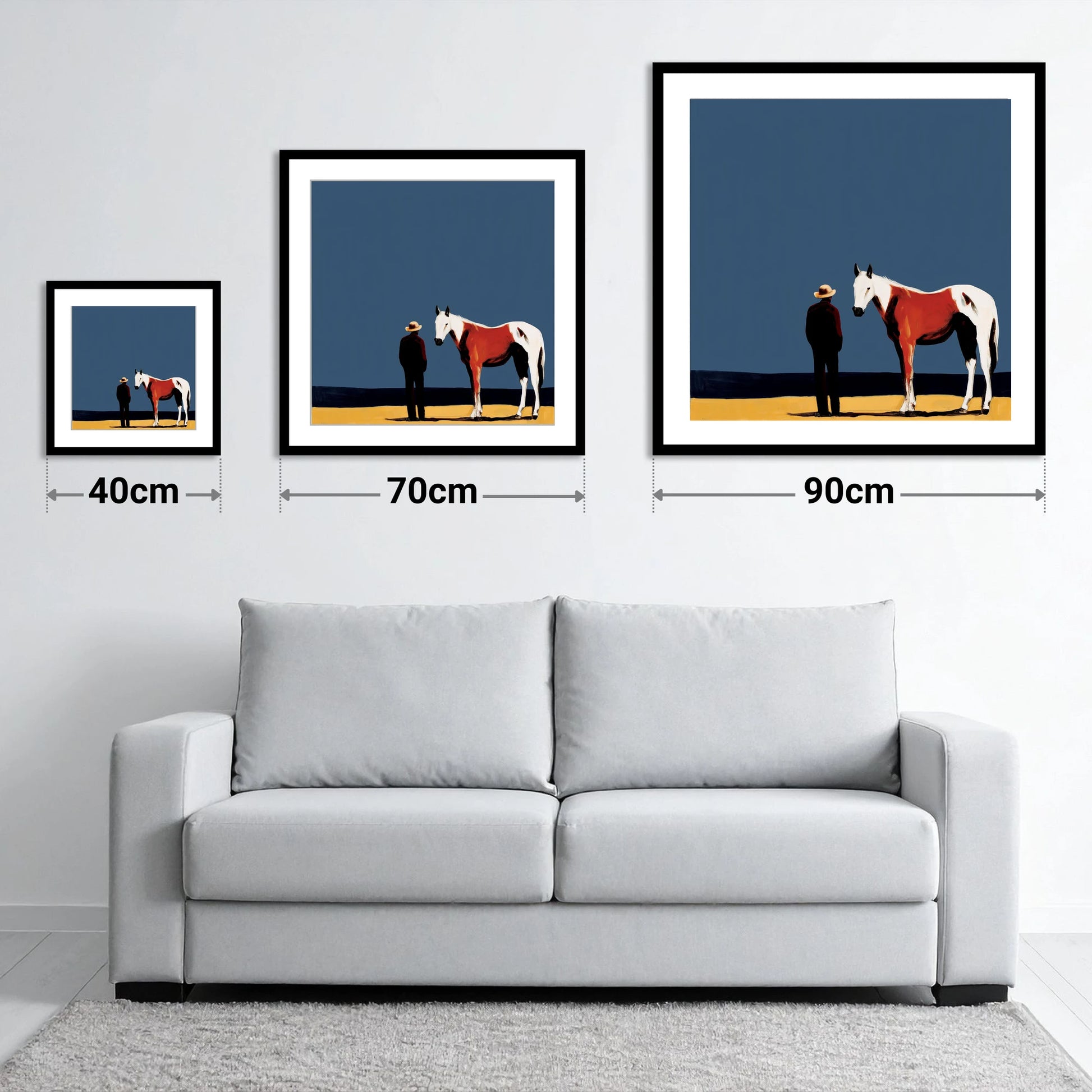 The Quiet Horizon - size guide showing 40cm, 70cm and 90cm art prints