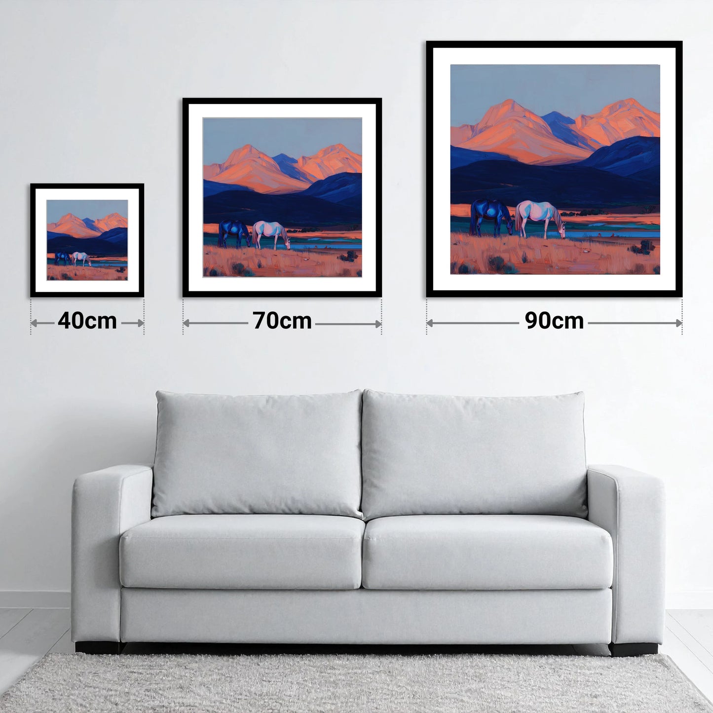 Dusk Mountain Pasture - size guide showing 40cm, 70cm and 90cm art prints