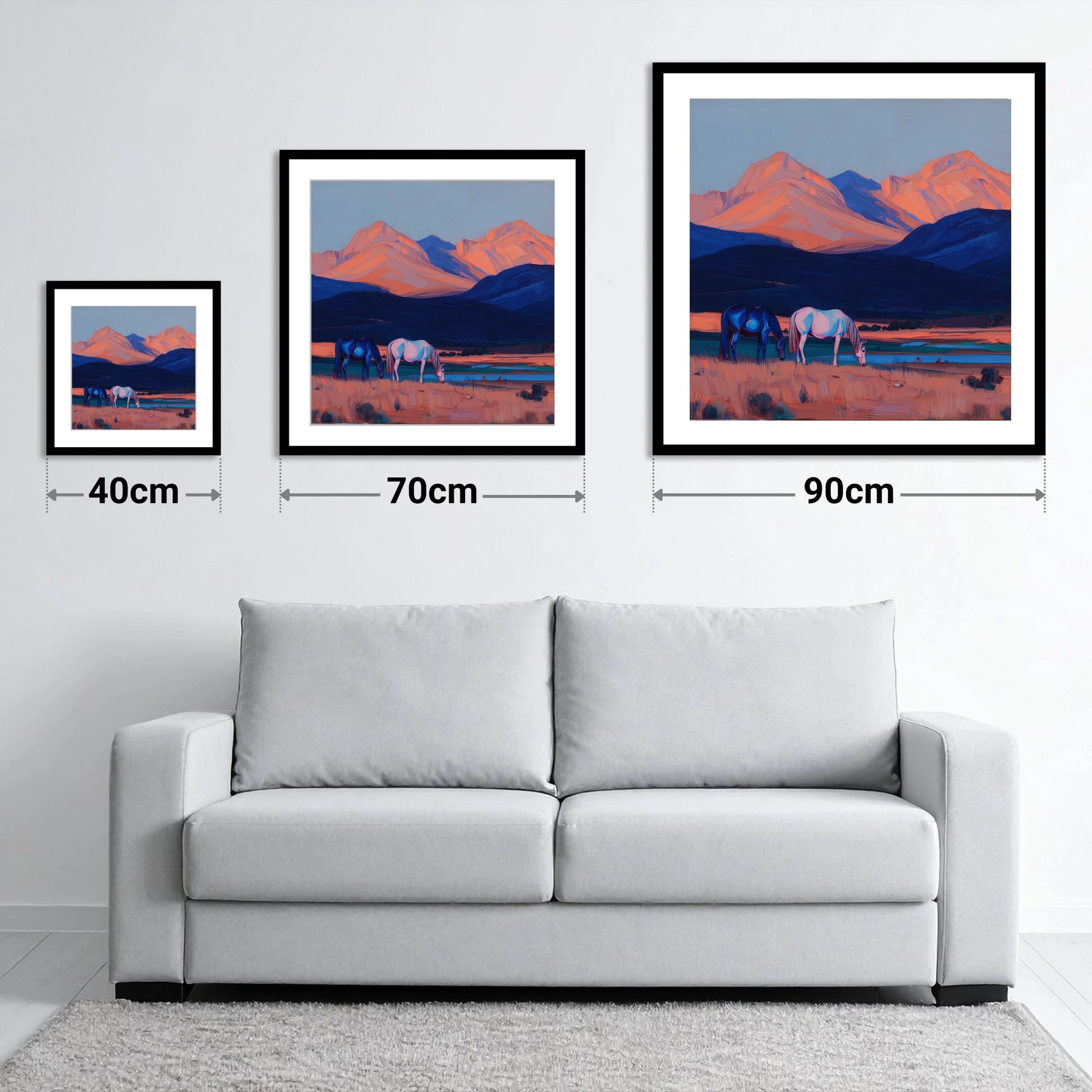 Dusk Mountain Pasture - size guide showing 40cm, 70cm and 90cm art prints