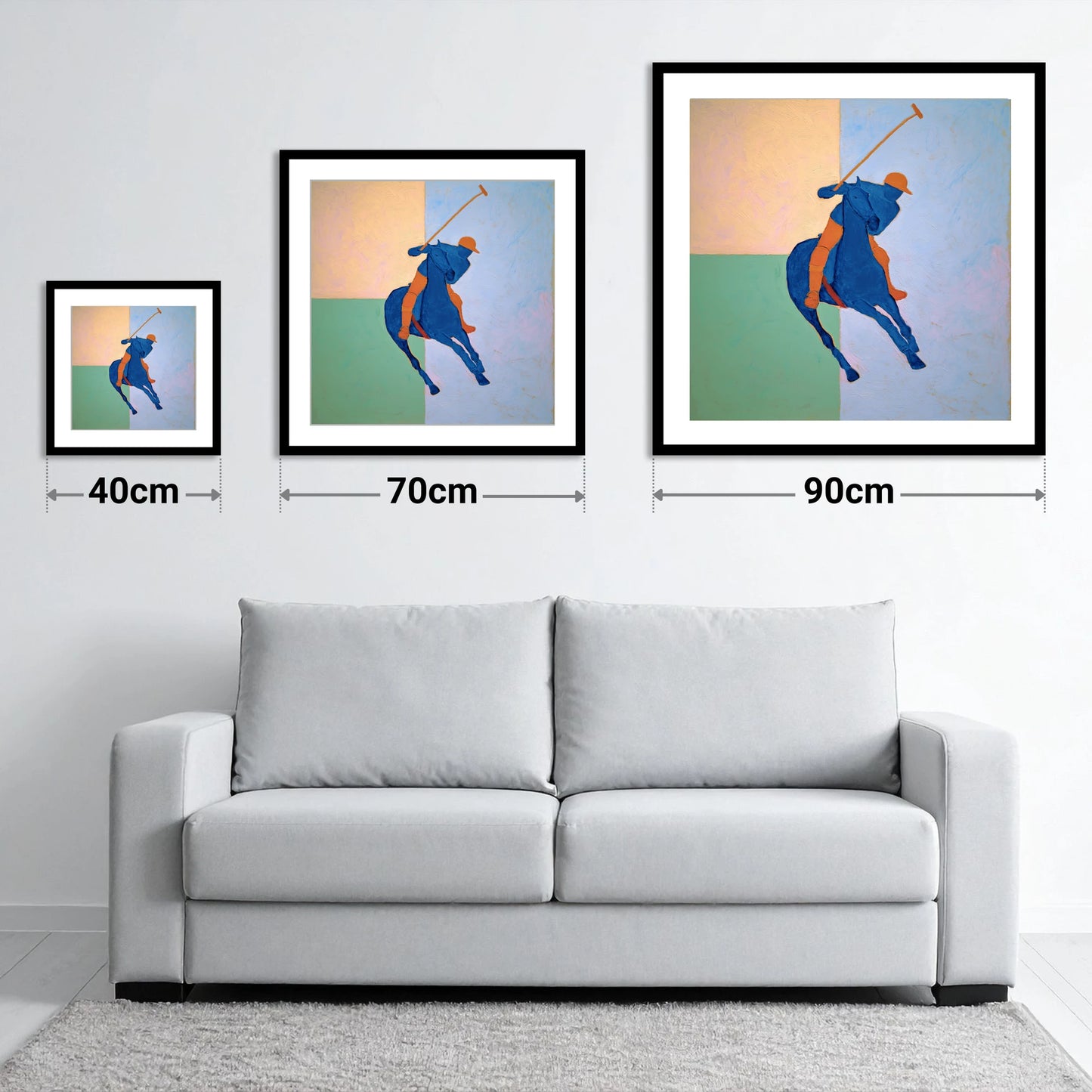 Cobalt Polo Swing - size guide showing 40cm, 70cm and 90cm art prints