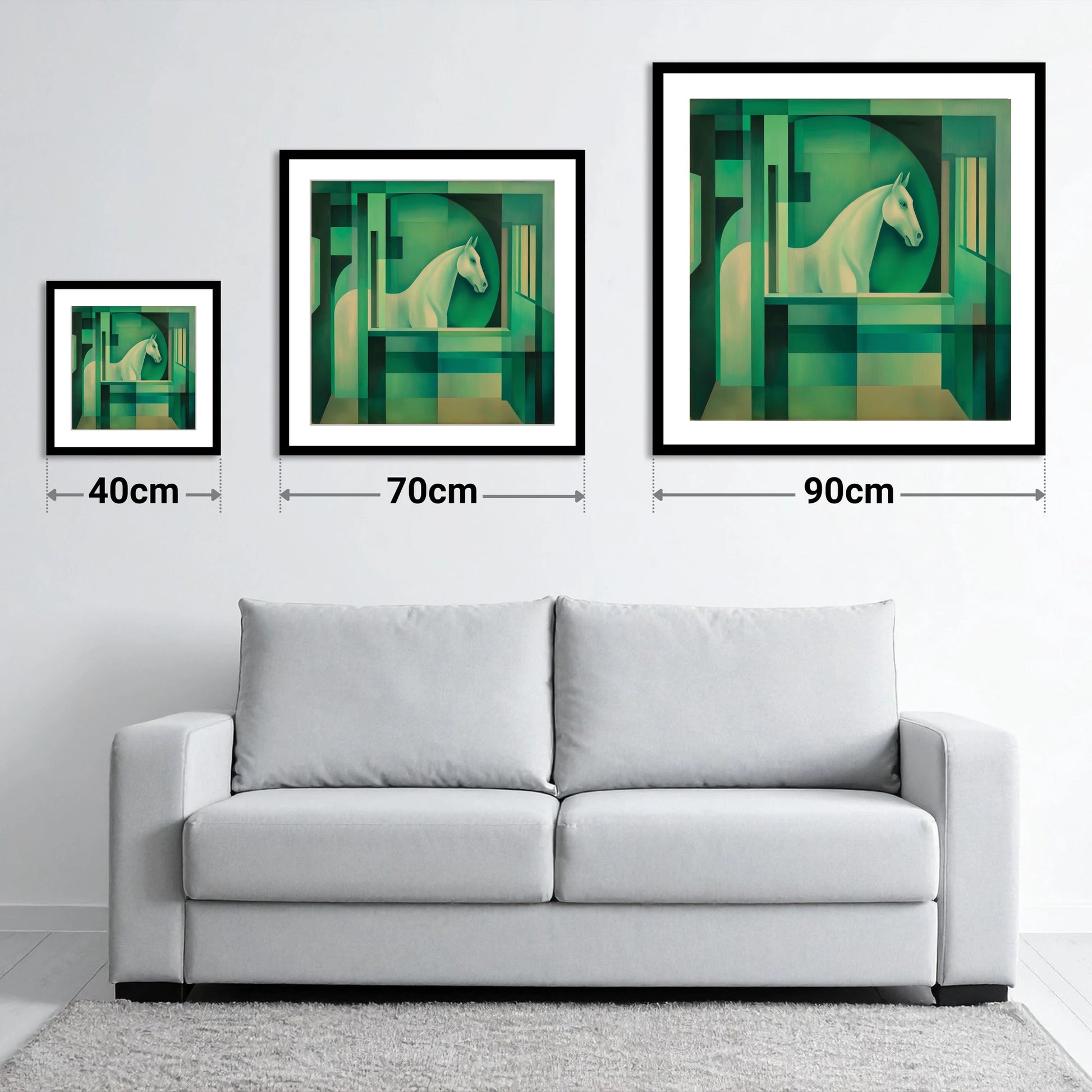 Emerald Stall Gaze - size guide showing 40cm, 70cm and 90cm art prints