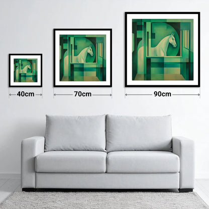 Emerald Stall Gaze - size guide showing 40cm, 70cm and 90cm art prints