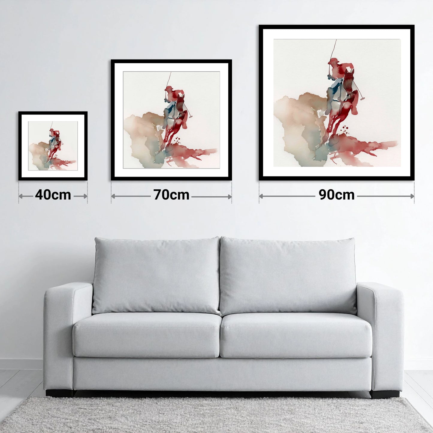 Crimson Chukka Strike - size guide showing 40cm, 70cm and 90cm art prints