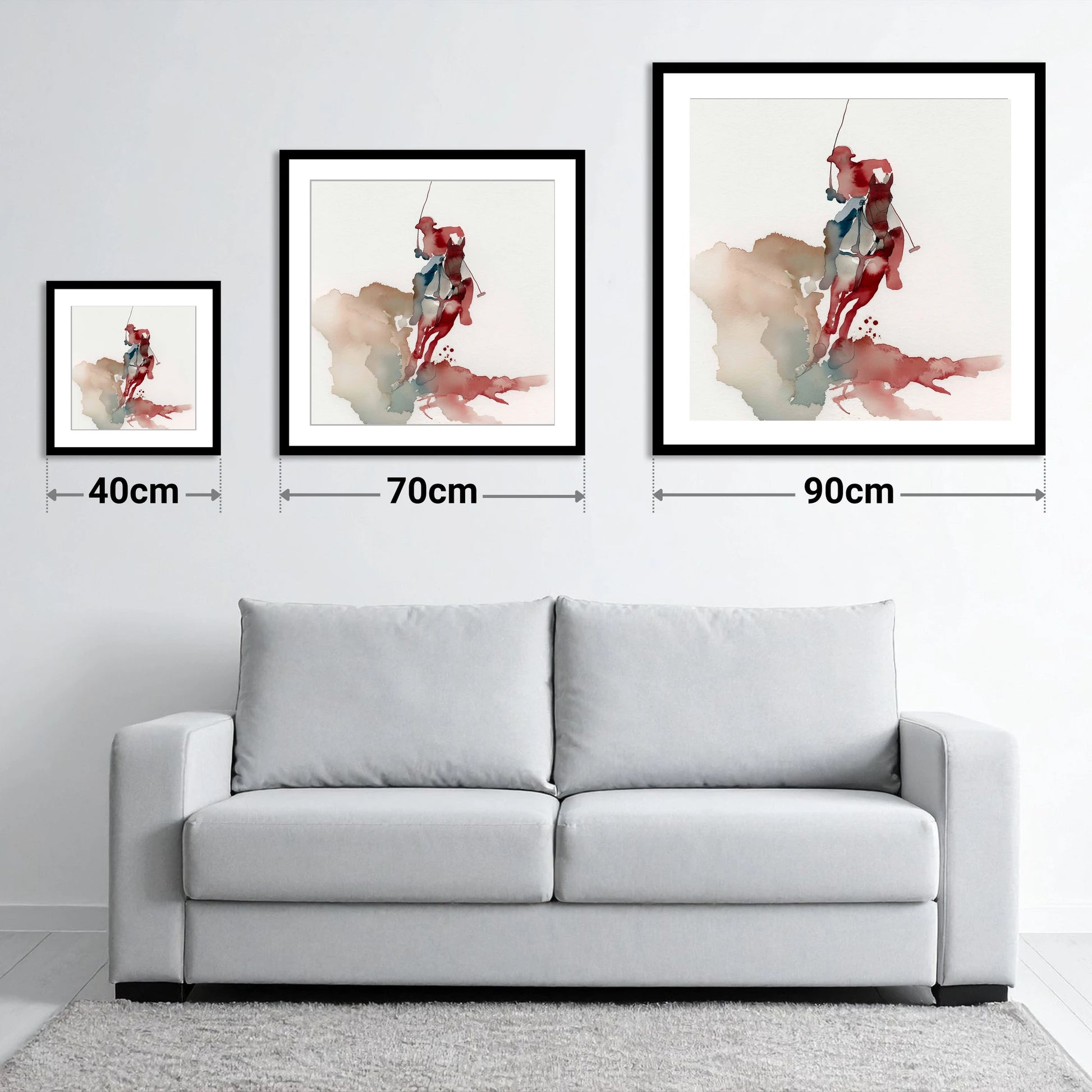 Crimson Chukka Strike - size guide showing 40cm, 70cm and 90cm art prints