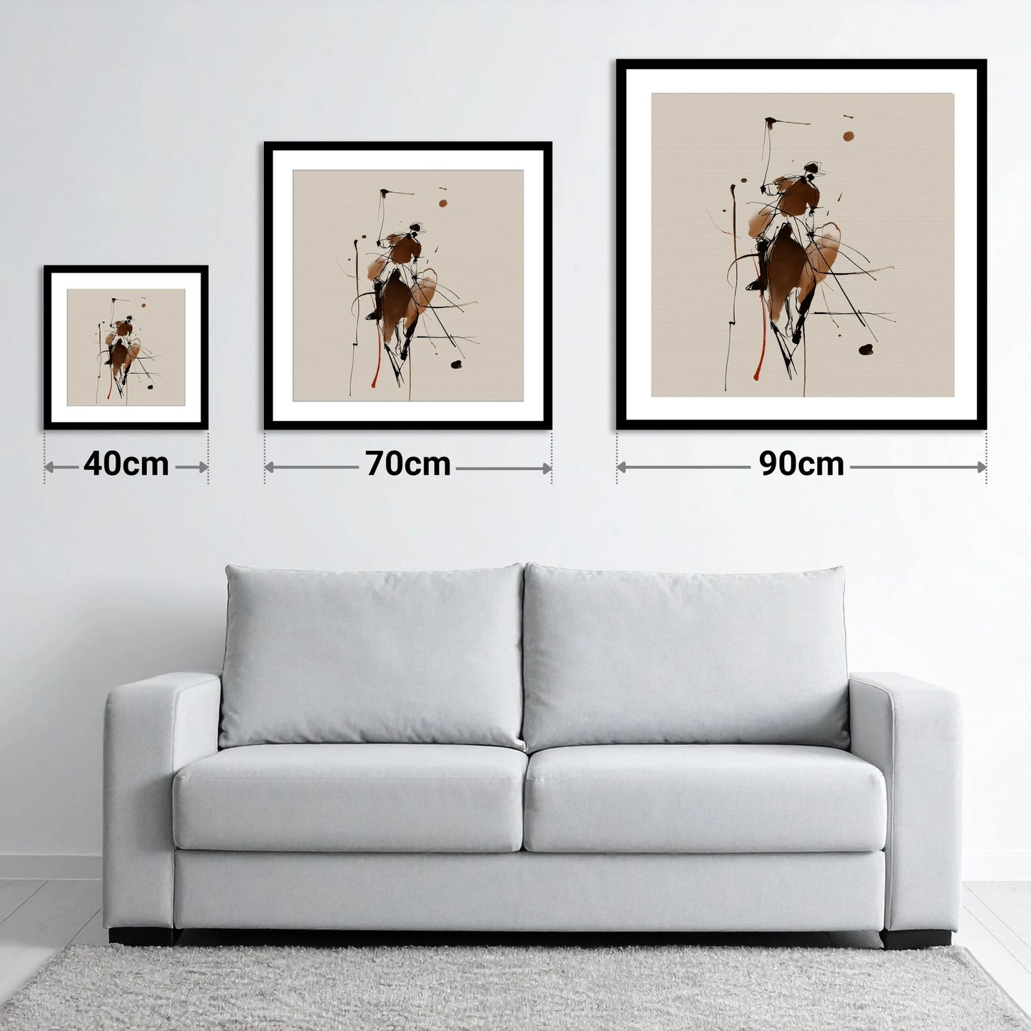 The High Swing - size guide showing 40cm, 70cm and 90cm art prints