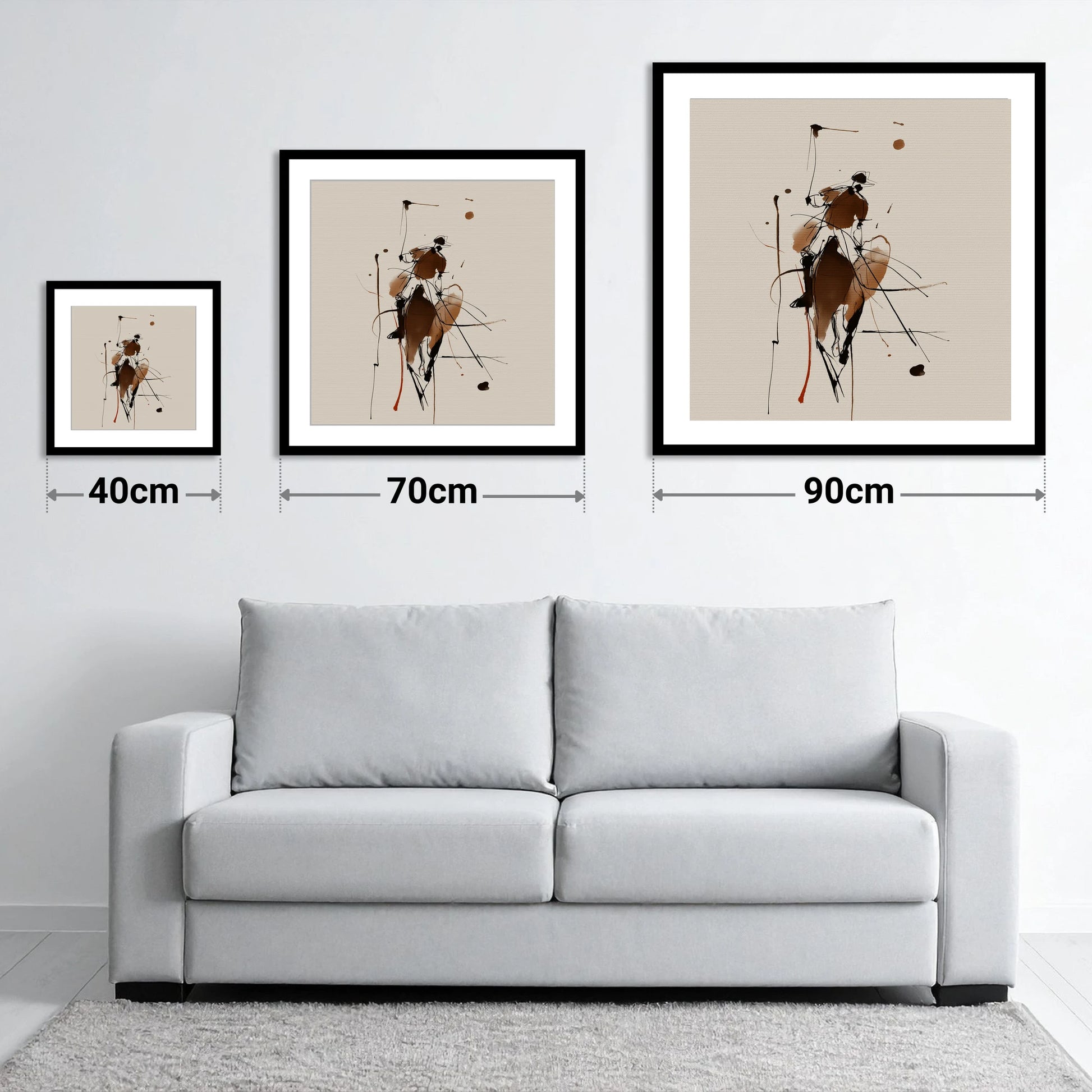 The High Swing - size guide showing 40cm, 70cm and 90cm art prints