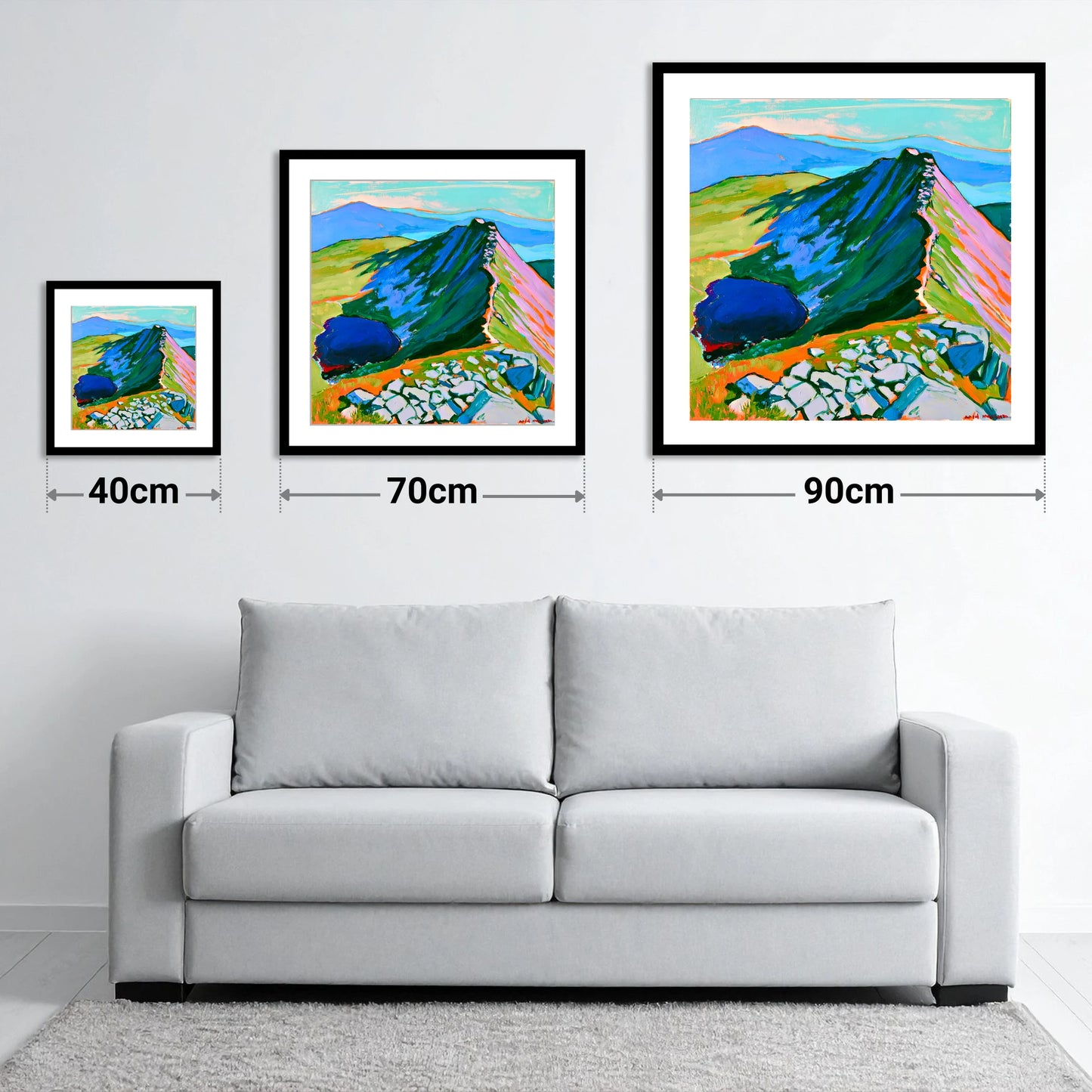 Vibrant Mountain Ridge And Tarn - size guide showing 40cm, 70cm and 90cm art prints