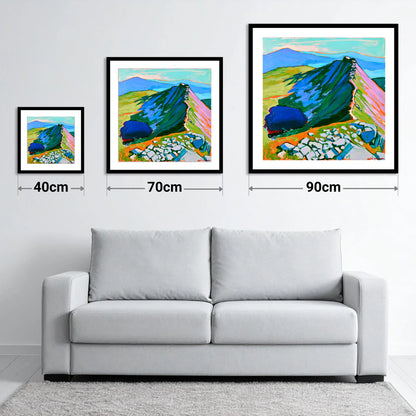 Vibrant Mountain Ridge And Tarn - size guide showing 40cm, 70cm and 90cm art prints