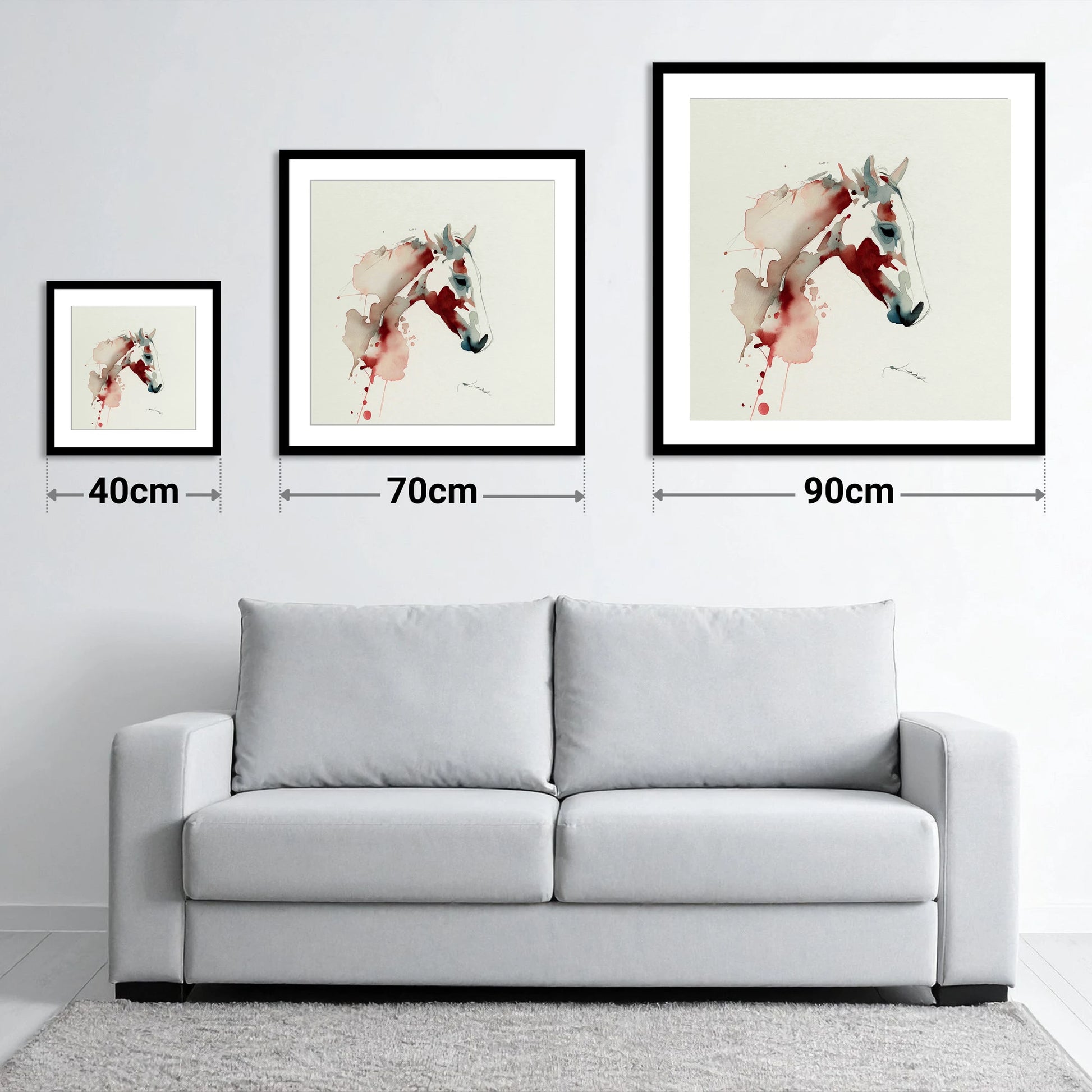 Crimson Spirit - size guide showing 40cm, 70cm and 90cm art prints