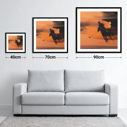 Amber Polo Pursuit - size guide showing 40cm, 70cm and 90cm art prints