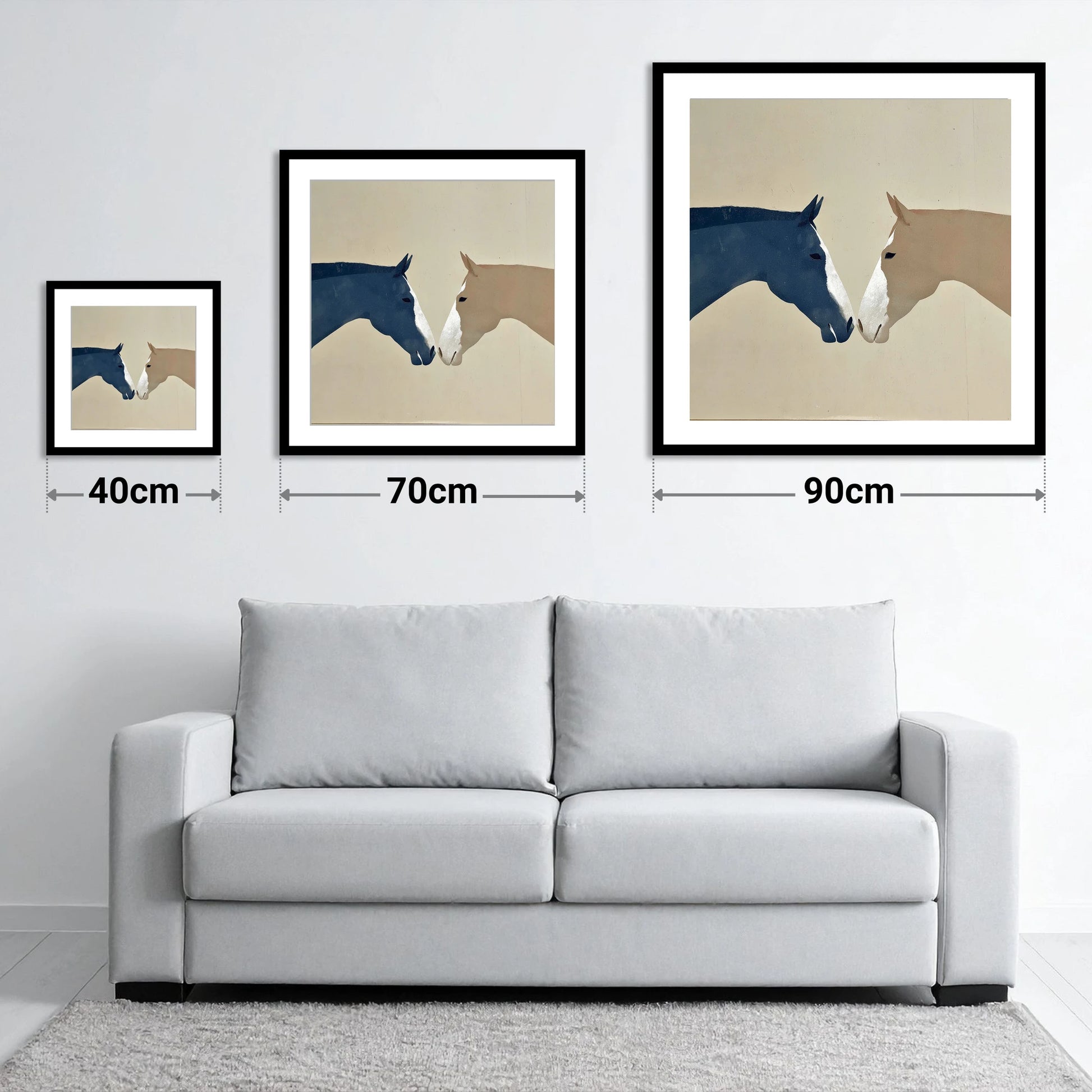 Kindred Spirits - size guide showing 40cm, 70cm and 90cm art prints
