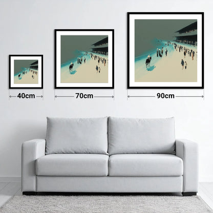 Sweeping to the Start - size guide showing 40cm, 70cm and 90cm art prints