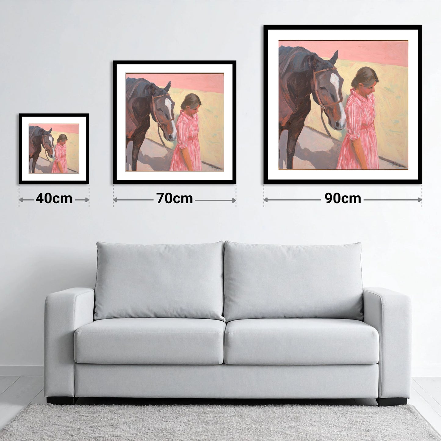 Walking in Step - size guide showing 40cm, 70cm and 90cm art prints