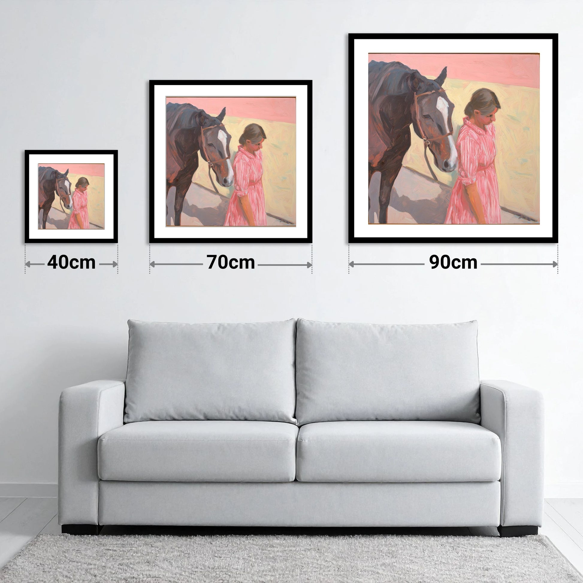 Walking in Step - size guide showing 40cm, 70cm and 90cm art prints