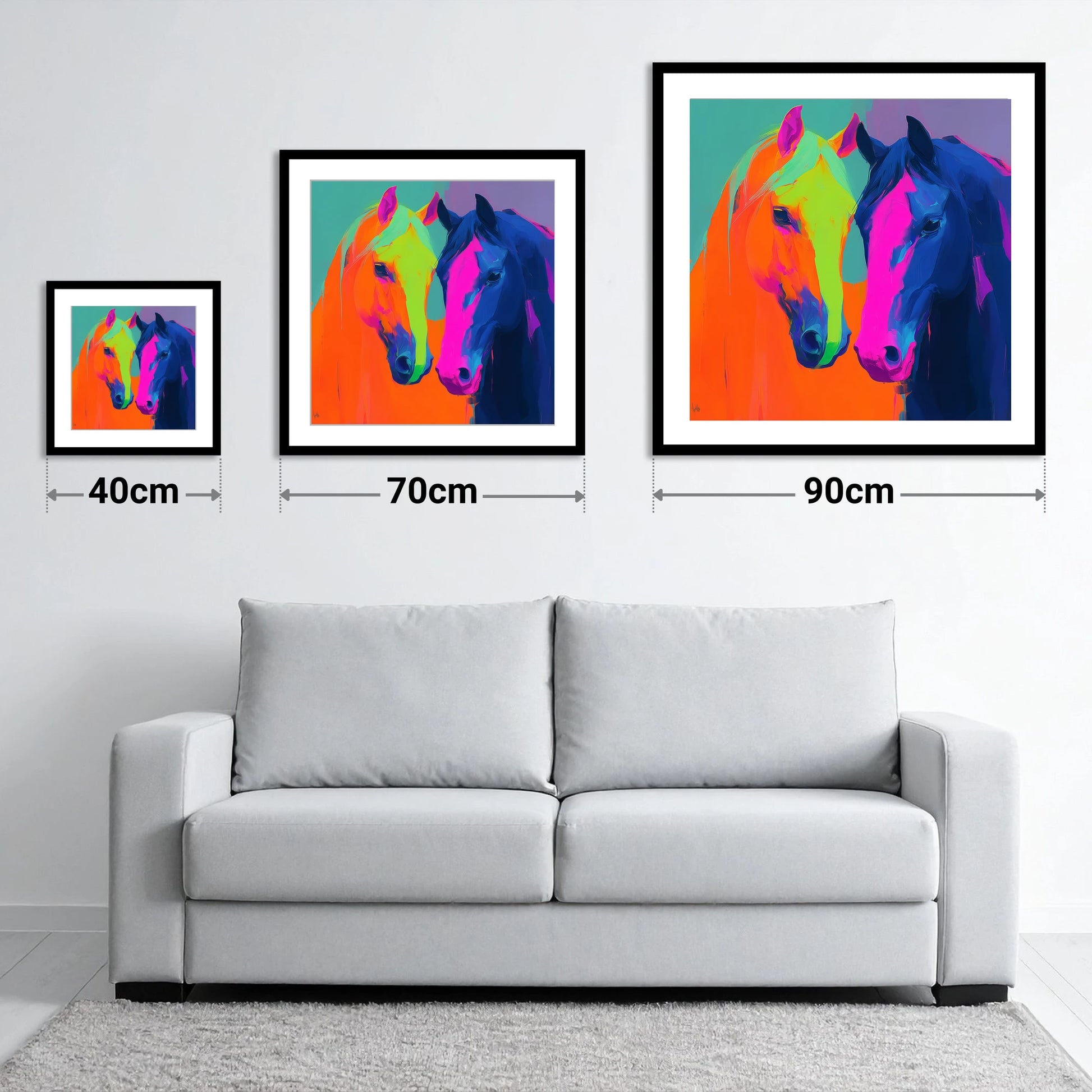 Neon Companions - size guide showing 40cm, 70cm and 90cm art prints