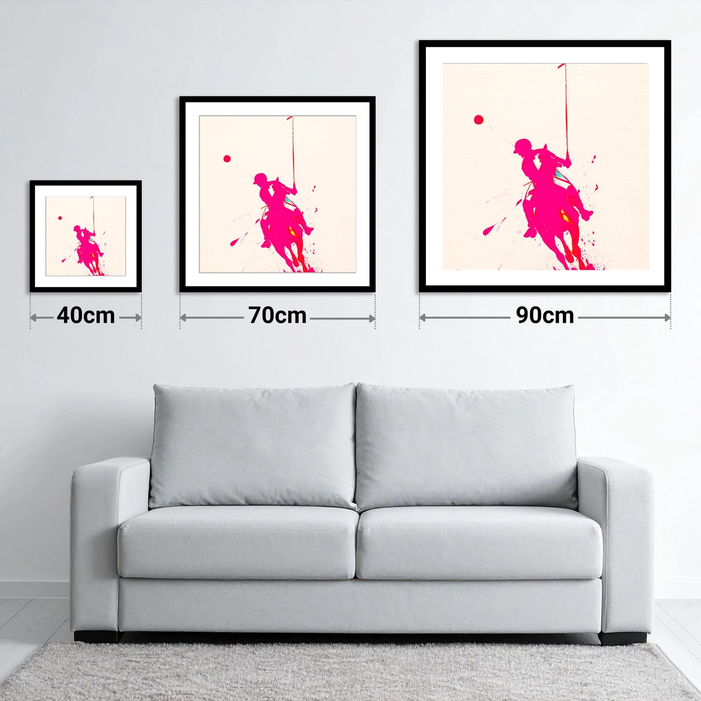 Vivid Polo Strike - size guide showing 40cm, 70cm and 90cm art prints