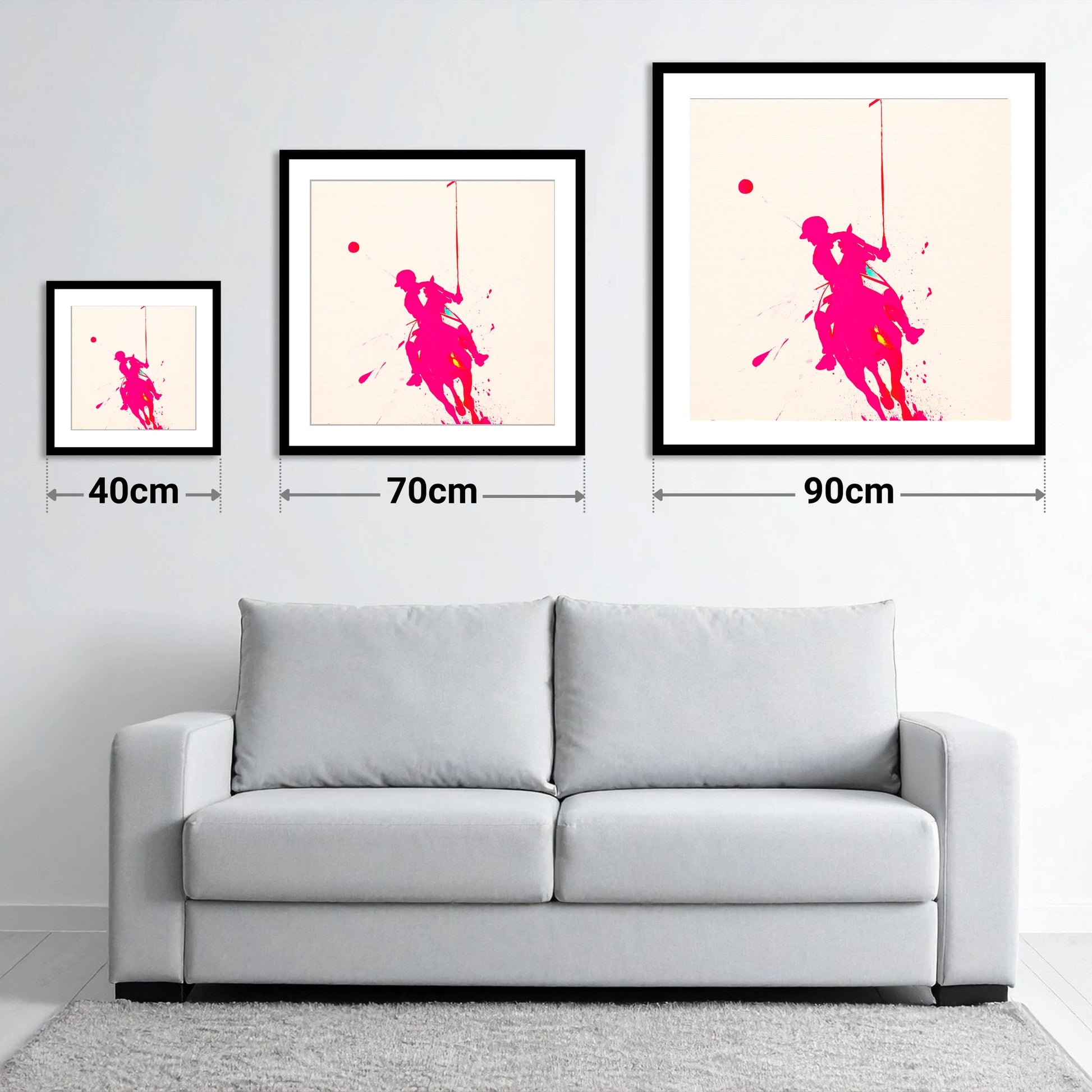Vivid Polo Strike - size guide showing 40cm, 70cm and 90cm art prints