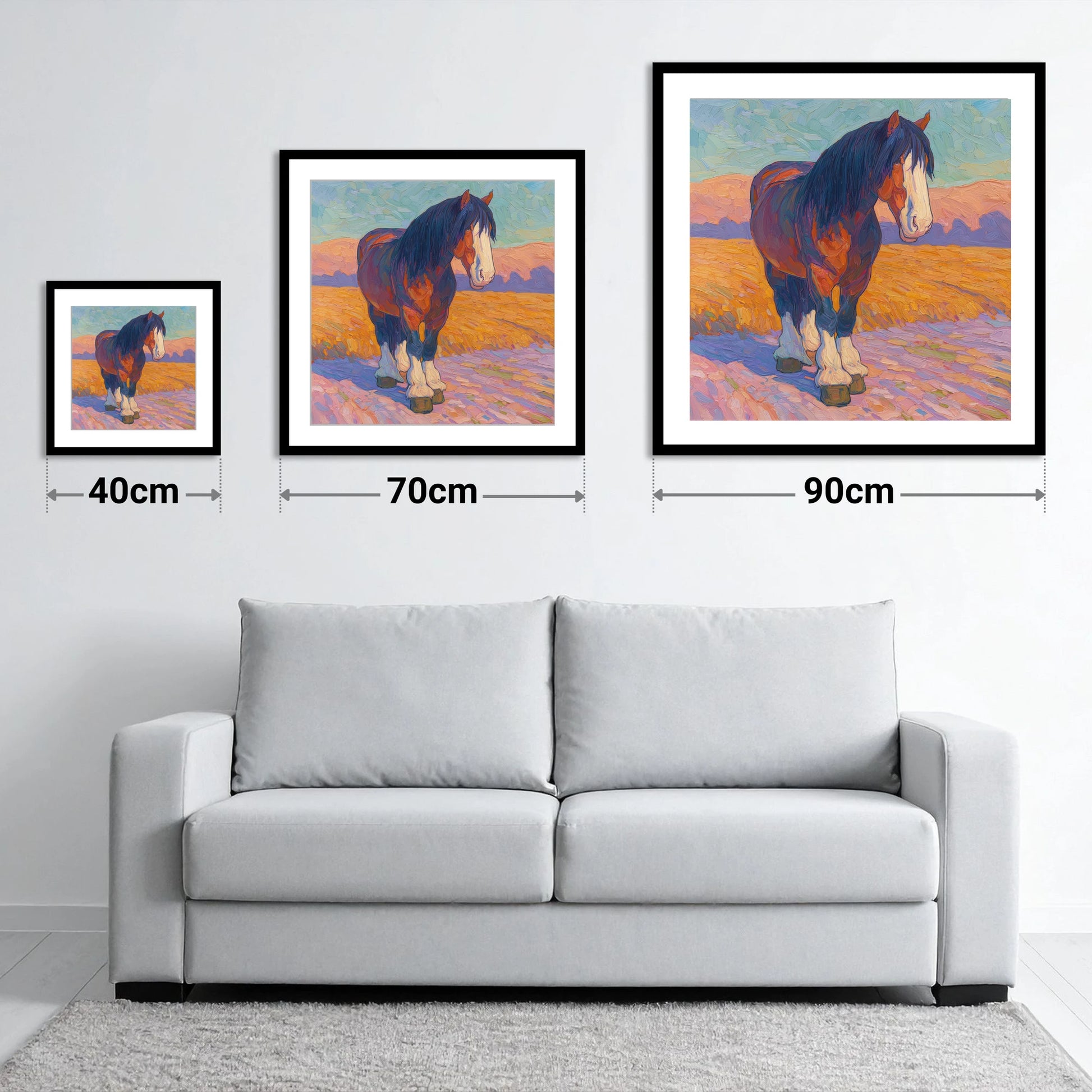 Vivid Heavy Horse - size guide showing 40cm, 70cm and 90cm art prints