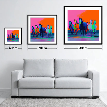 Technicolour Charge - size guide showing 40cm, 70cm and 90cm art prints