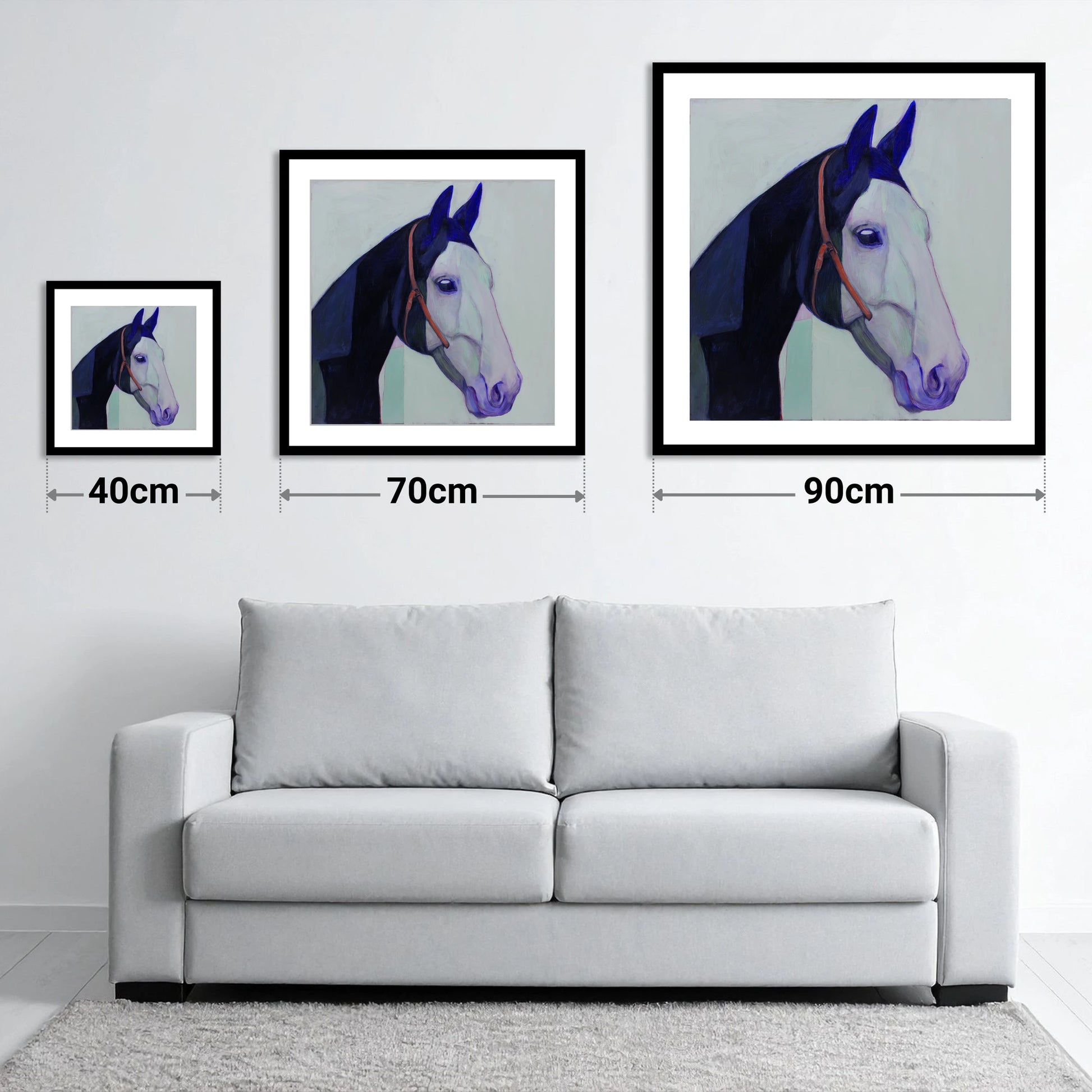 Indigo and Ice - size guide showing 40cm, 70cm and 90cm art prints