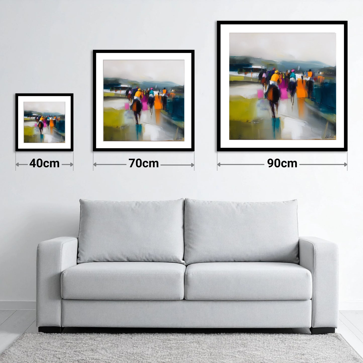 Colours on the Turf - size guide showing 40cm, 70cm and 90cm art prints