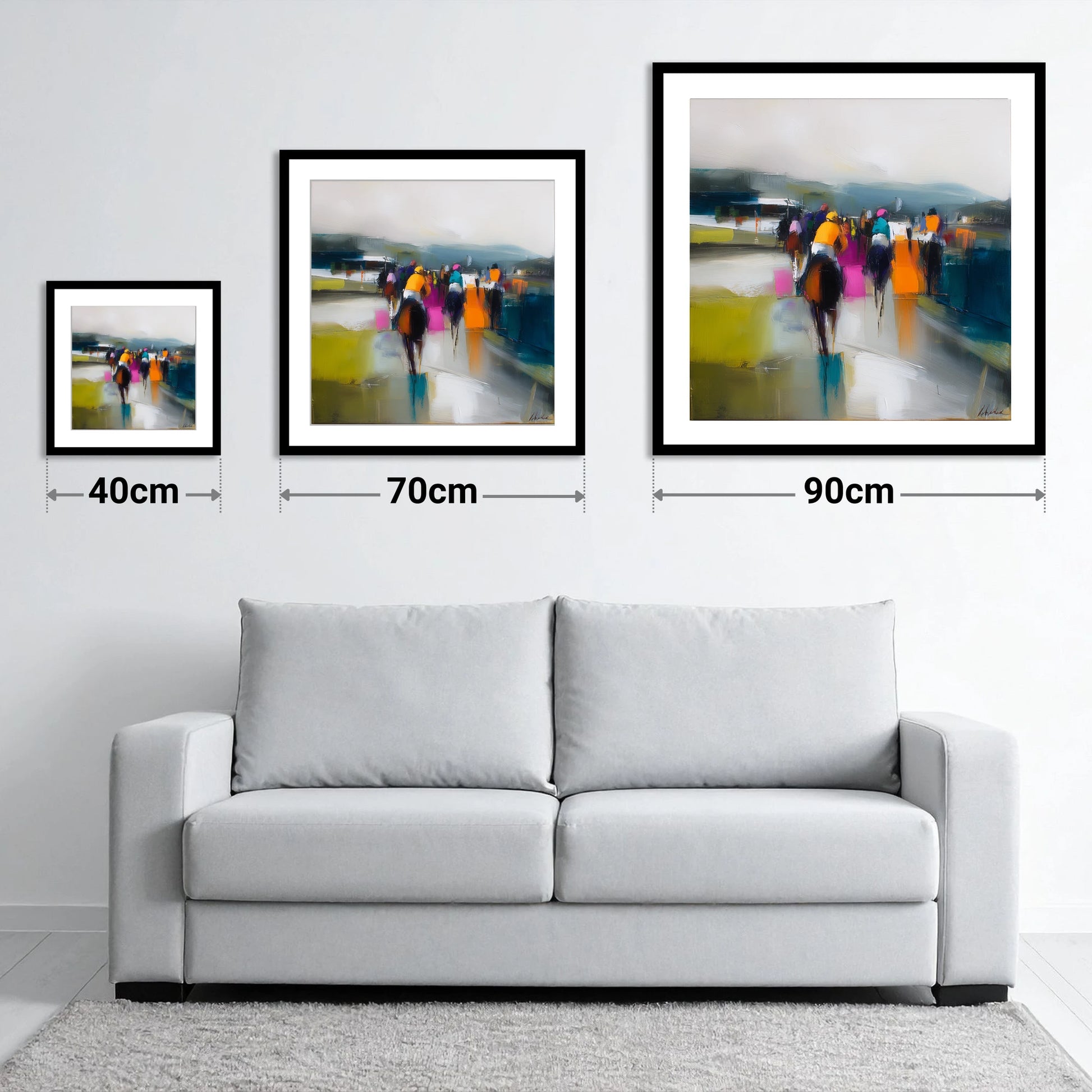Colours on the Turf - size guide showing 40cm, 70cm and 90cm art prints