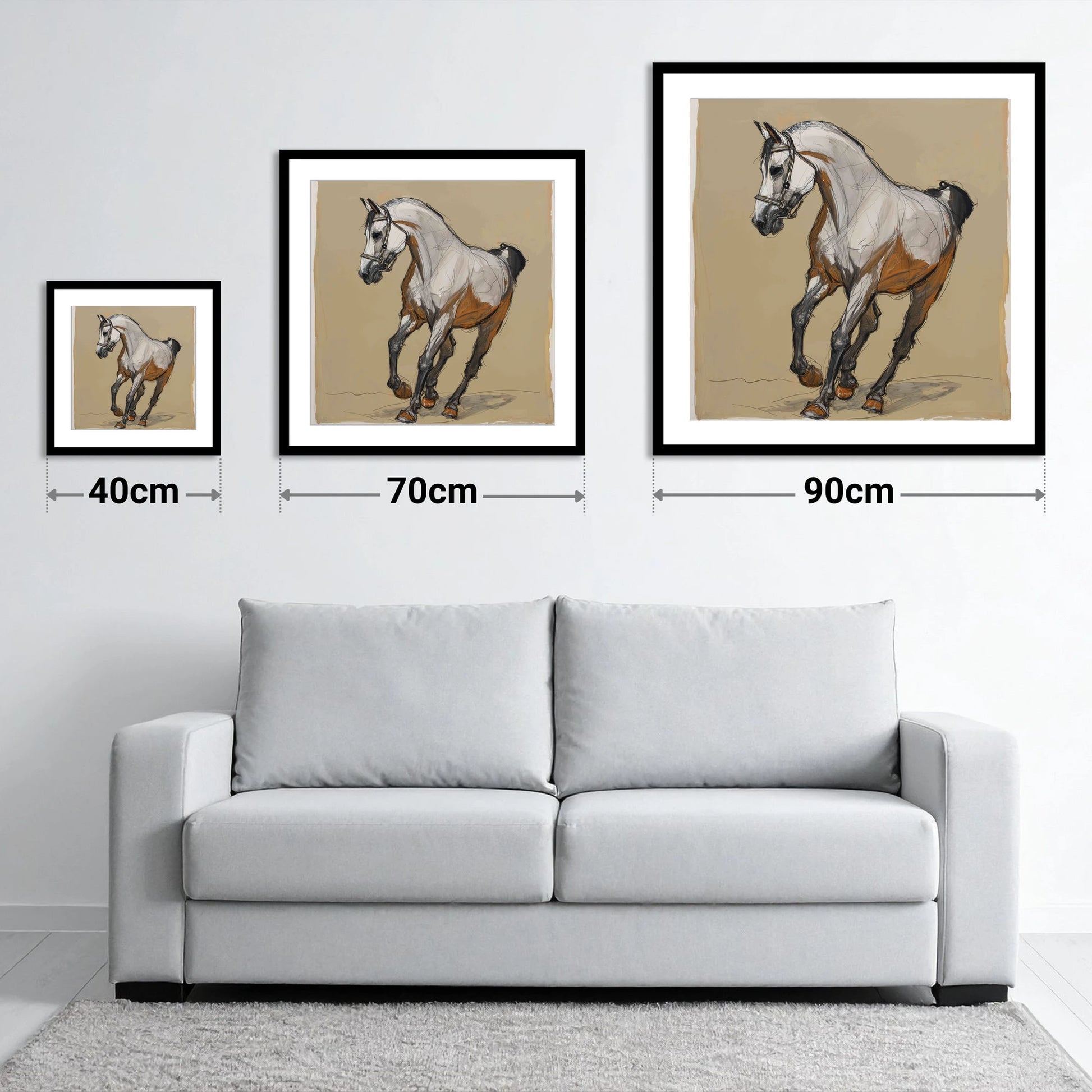 Collected Spirit - size guide showing 40cm, 70cm and 90cm art prints