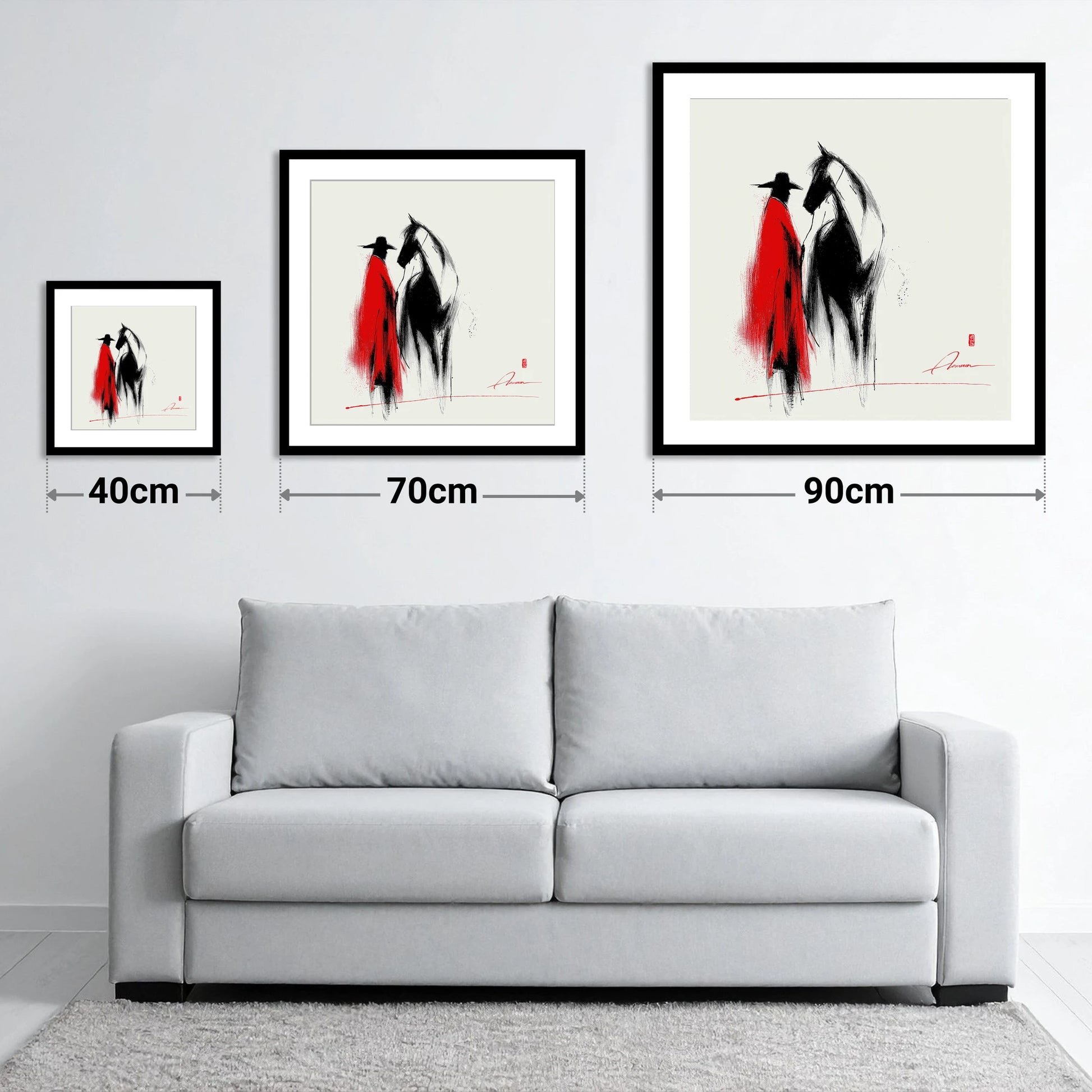 Crimson Western Silhouette - size guide showing 40cm, 70cm and 90cm art prints