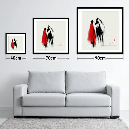 Crimson Western Silhouette - size guide showing 40cm, 70cm and 90cm art prints