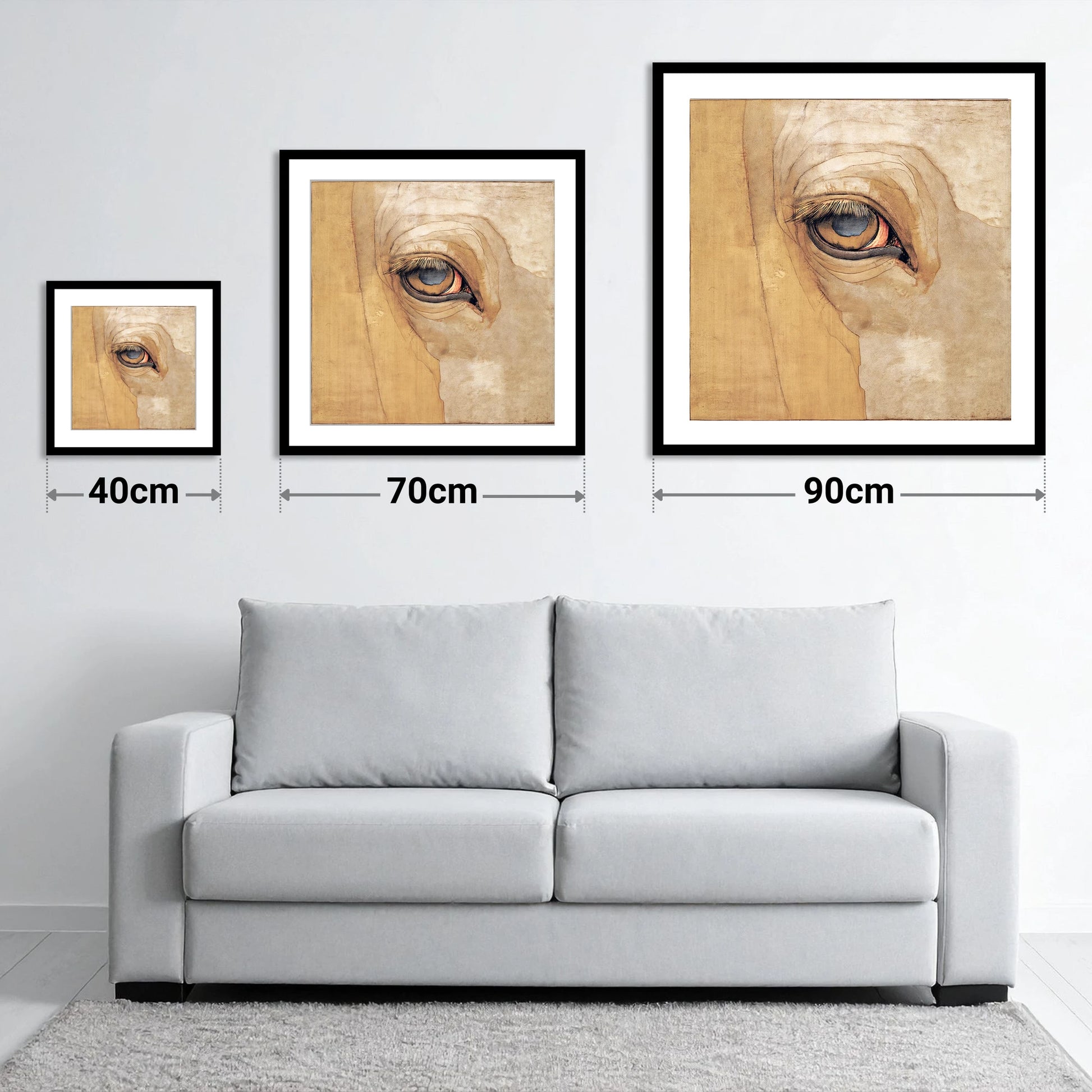 The Golden Gaze - size guide showing 40cm, 70cm and 90cm art prints