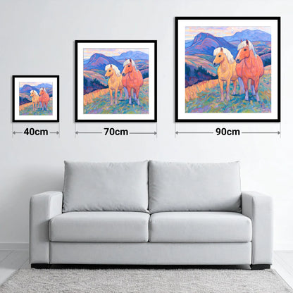 Highland Fjord Companions - size guide showing 40cm, 70cm and 90cm art prints