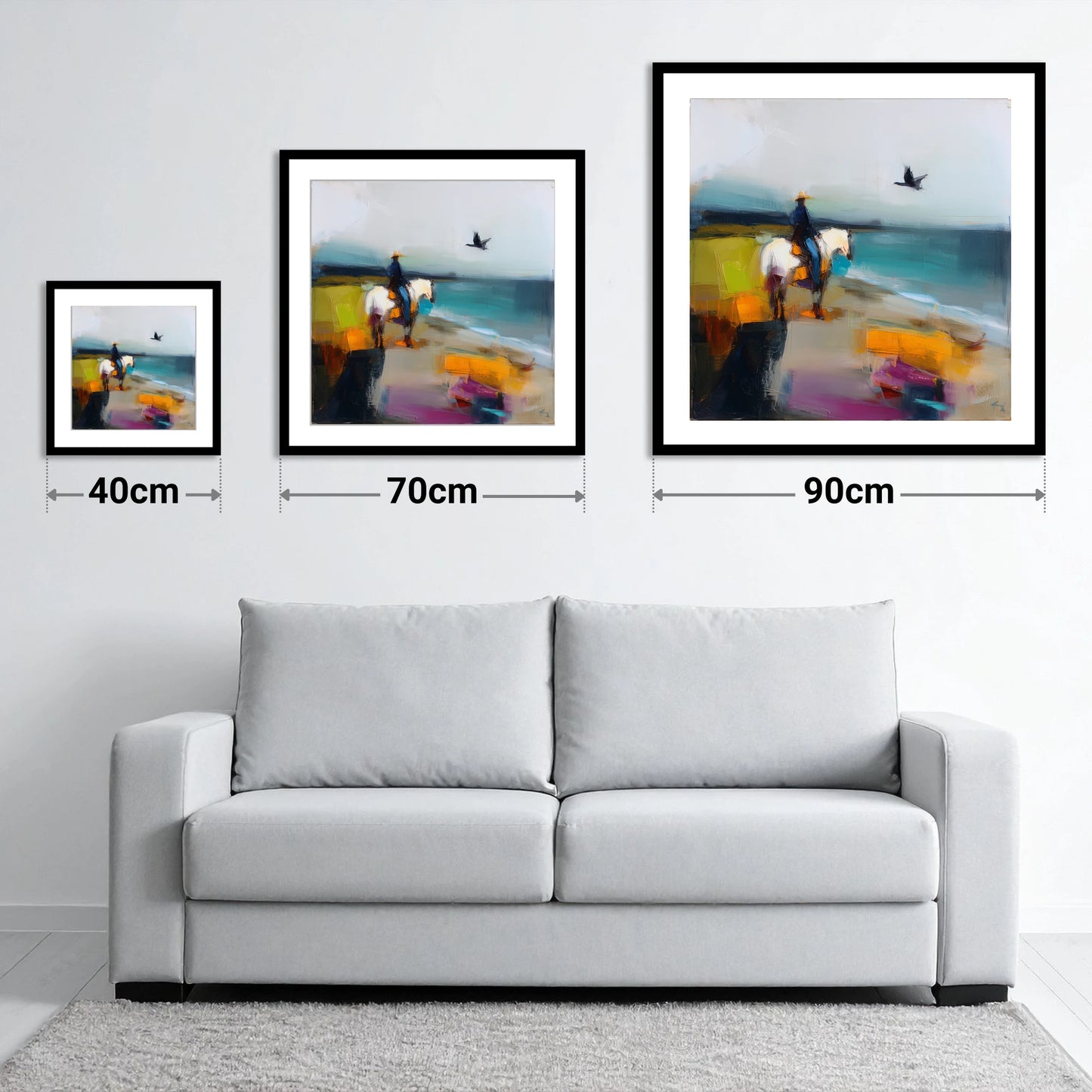 Vibrant Shoreline Hack - size guide showing 40cm, 70cm and 90cm art prints