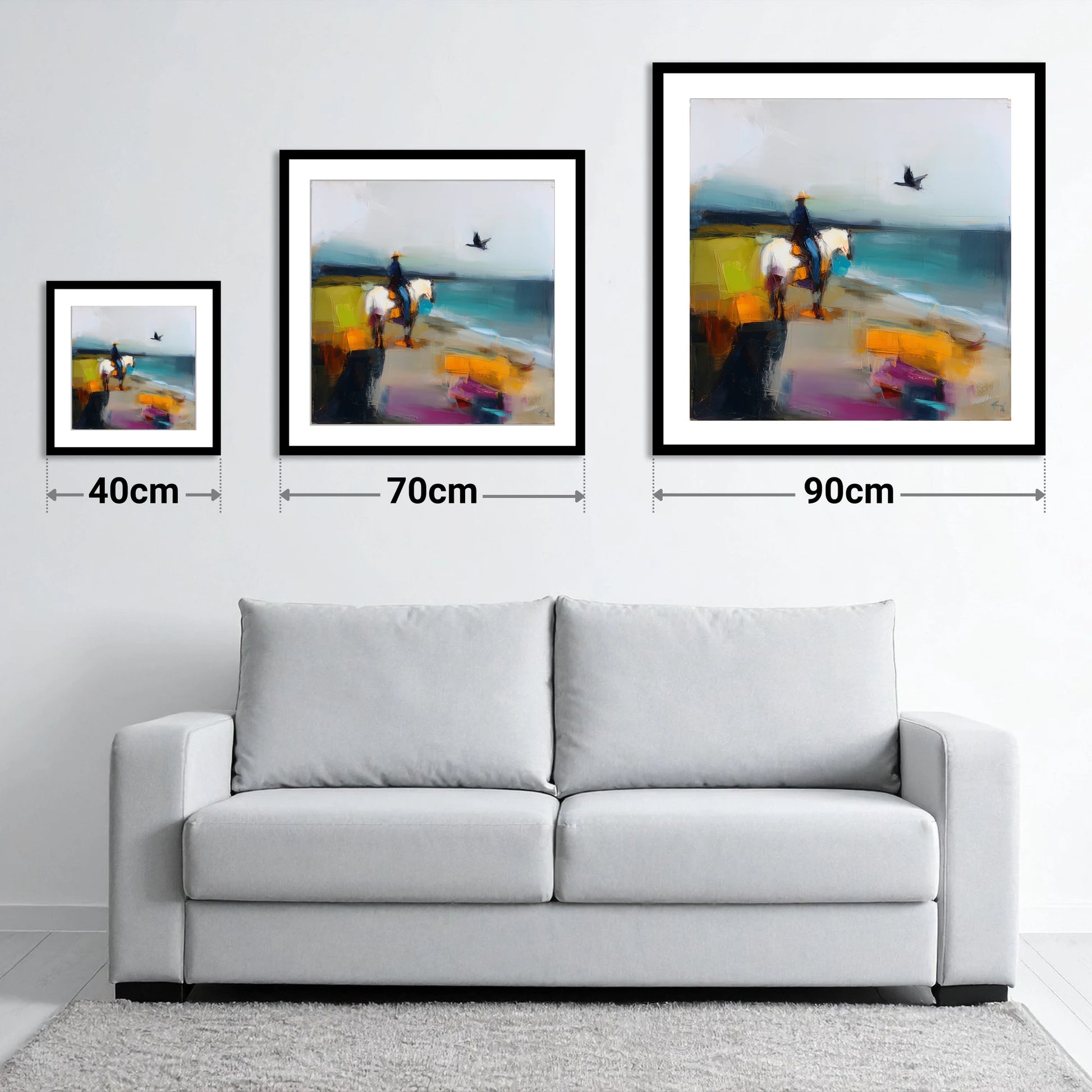 Vibrant Shoreline Hack - size guide showing 40cm, 70cm and 90cm art prints