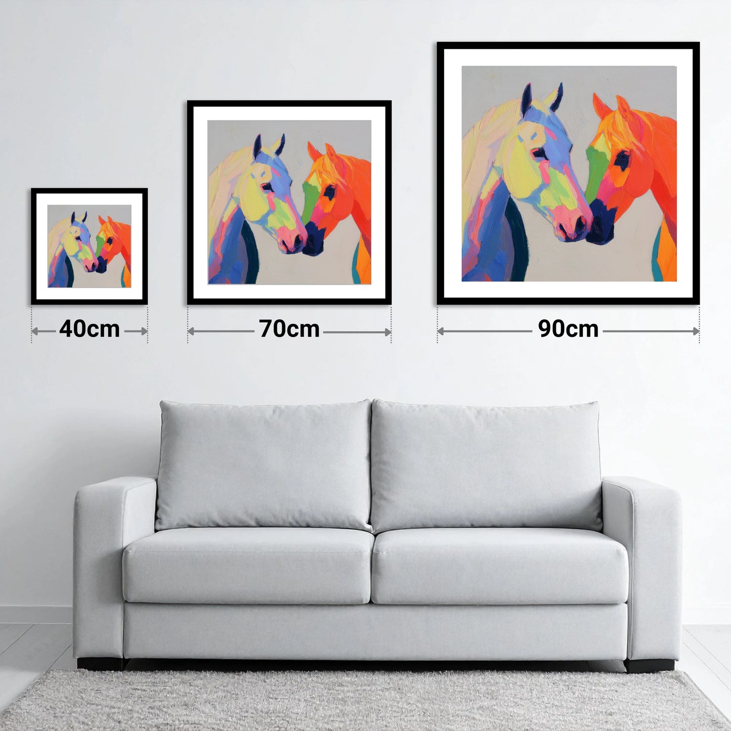 Technicolour Companions - size guide showing 40cm, 70cm and 90cm art prints