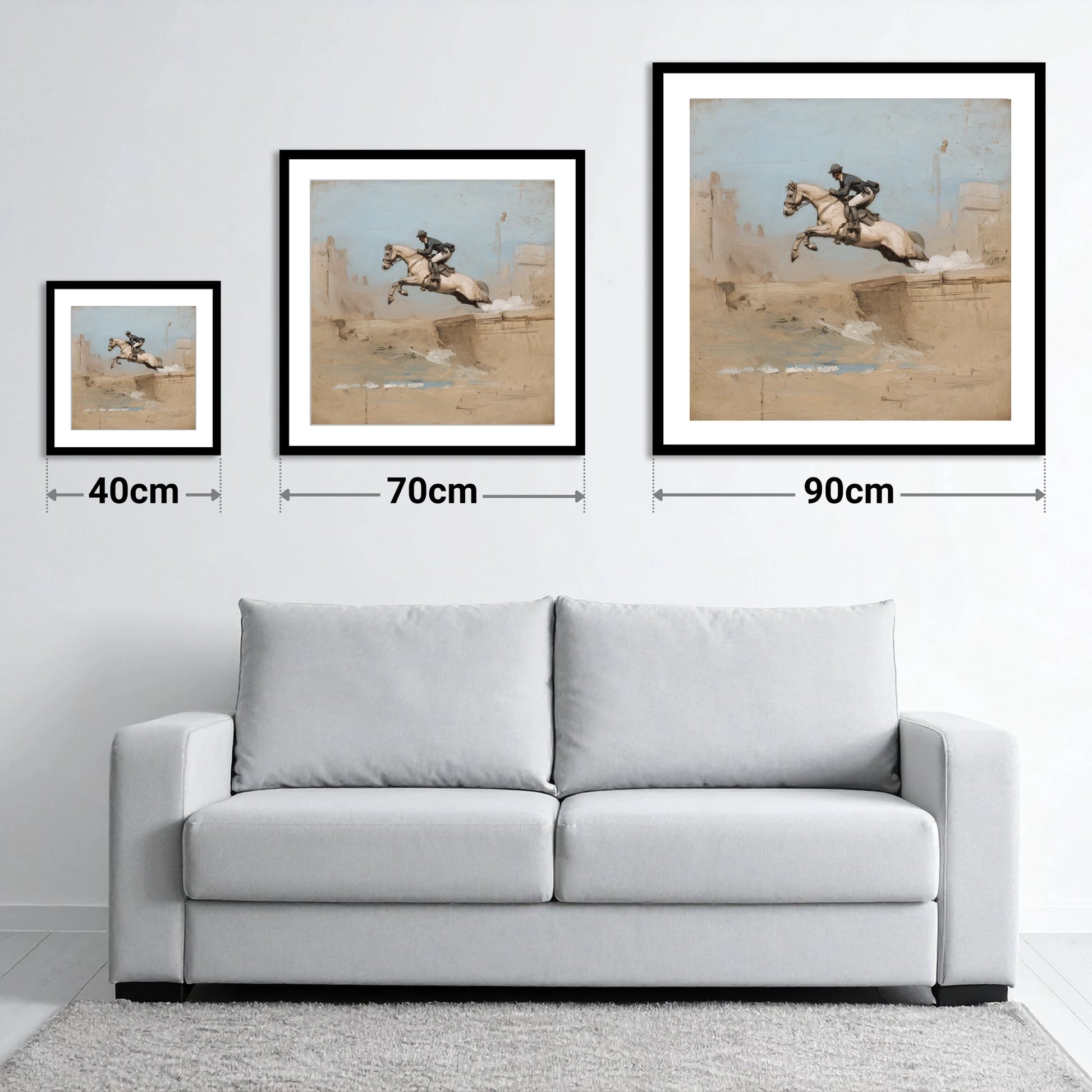 Clearing the Bank - size guide showing 40cm, 70cm and 90cm art prints
