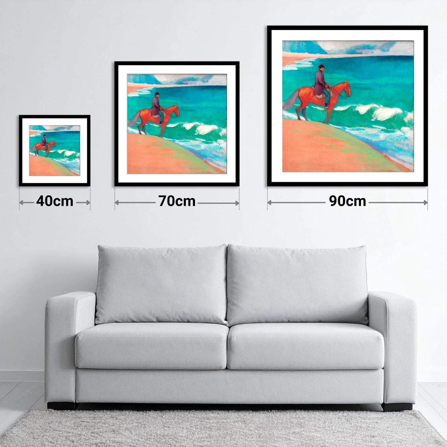Chestnut By The Emerald Shore - size guide showing 40cm, 70cm and 90cm art prints