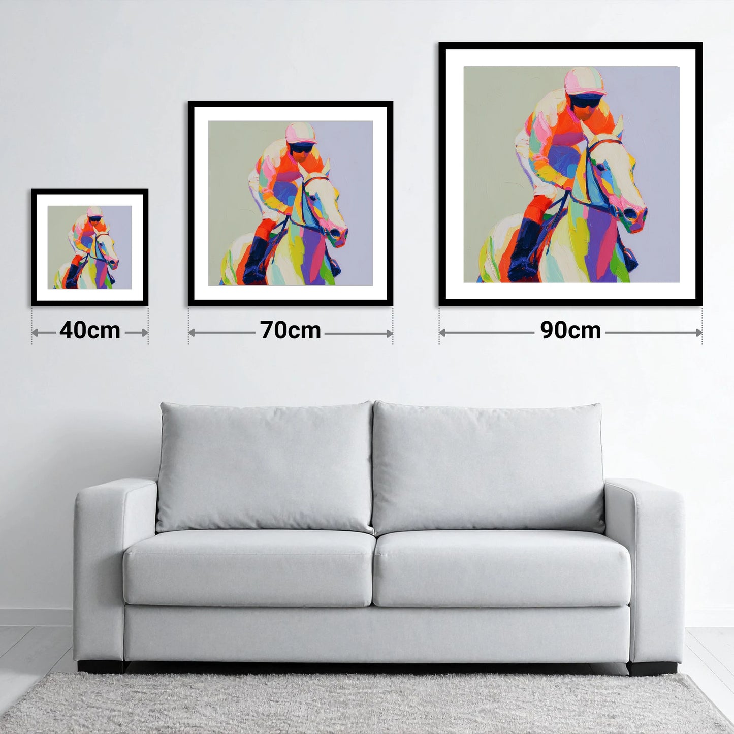 Prismatic Speed - size guide showing 40cm, 70cm and 90cm art prints