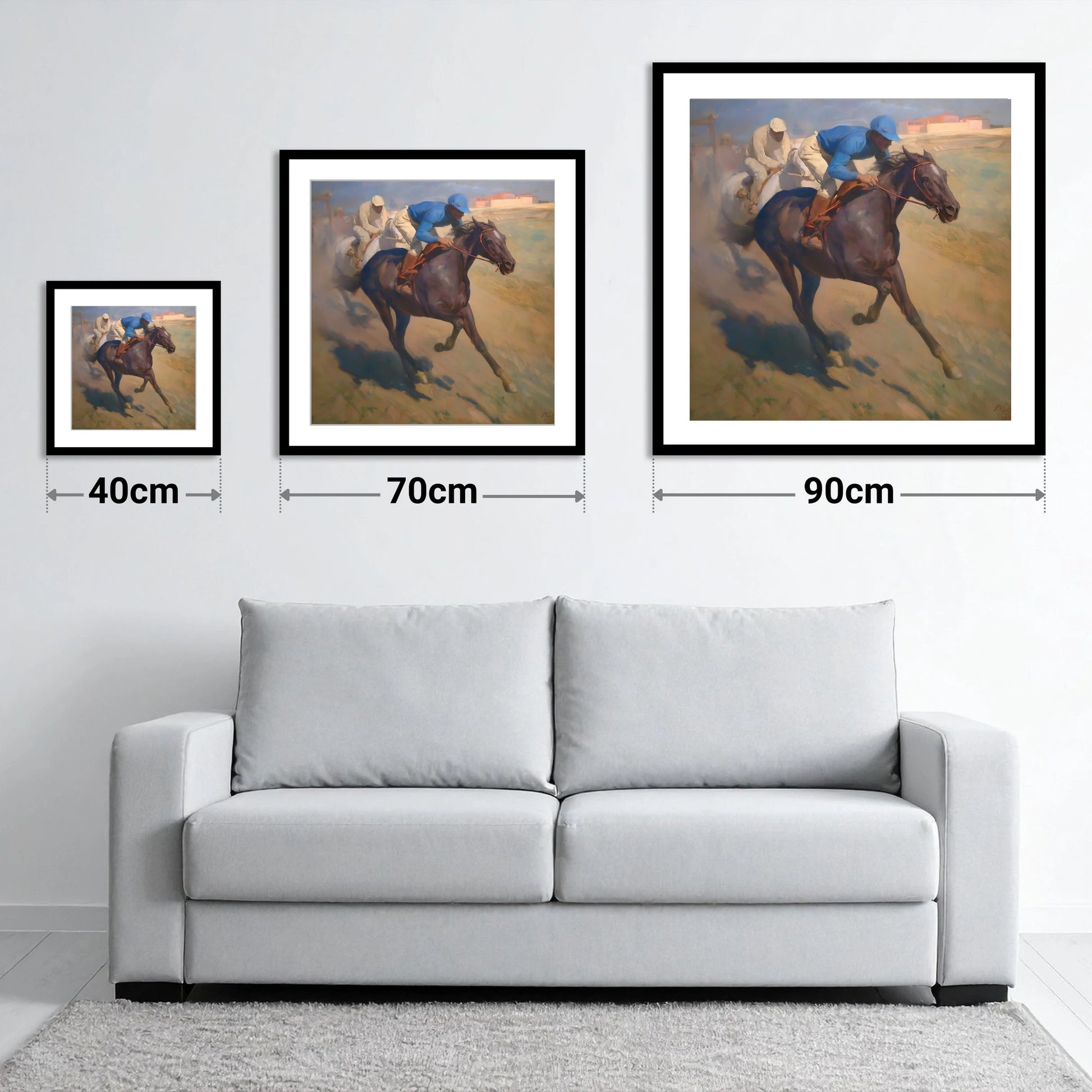 The Final Furlong - size guide showing 40cm, 70cm and 90cm art prints