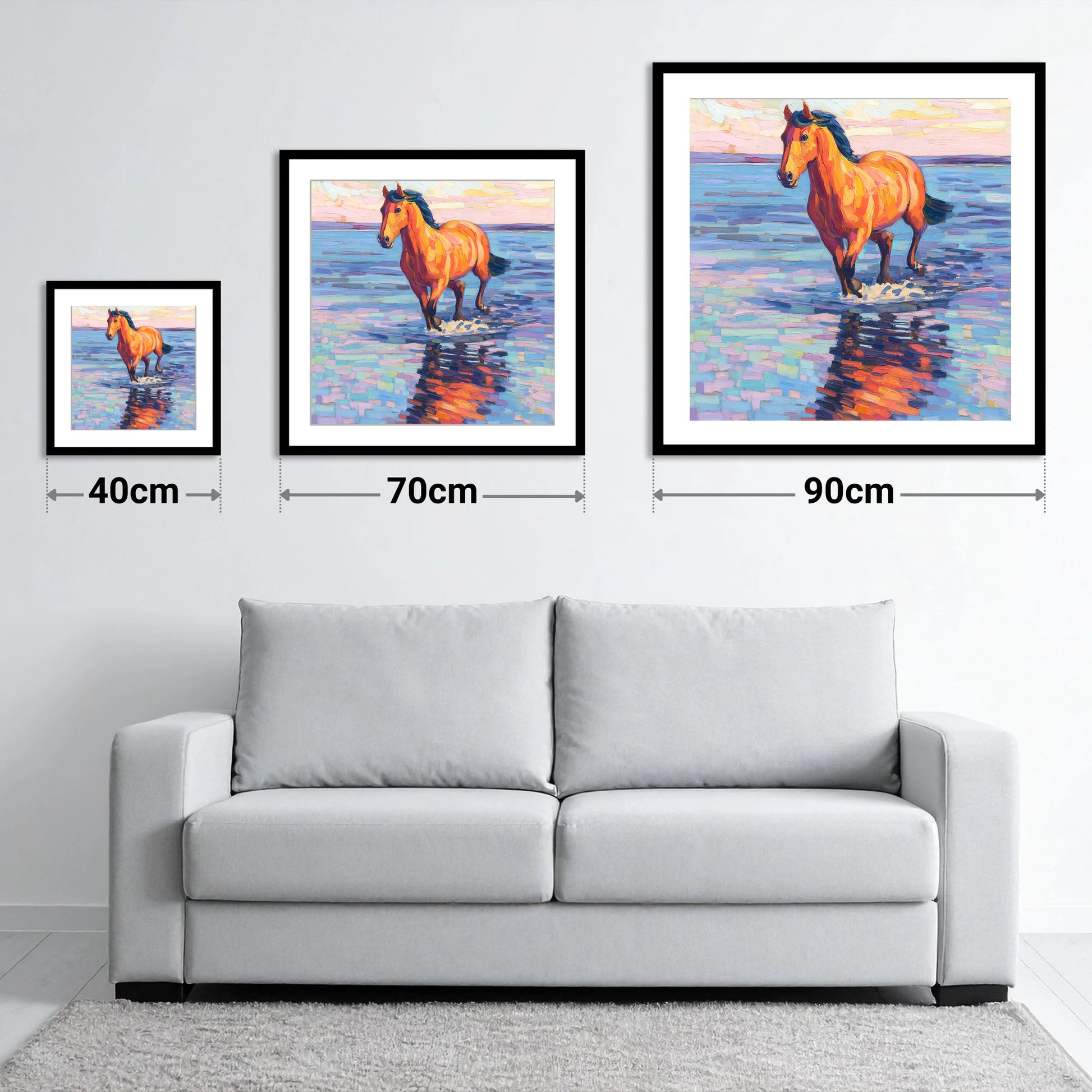 Sunset Shallows Stride - size guide showing 40cm, 70cm and 90cm art prints