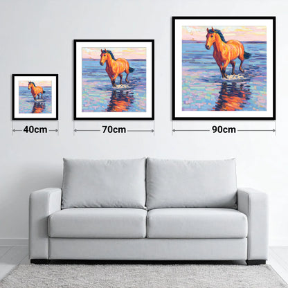 Sunset Shallows Stride - size guide showing 40cm, 70cm and 90cm art prints
