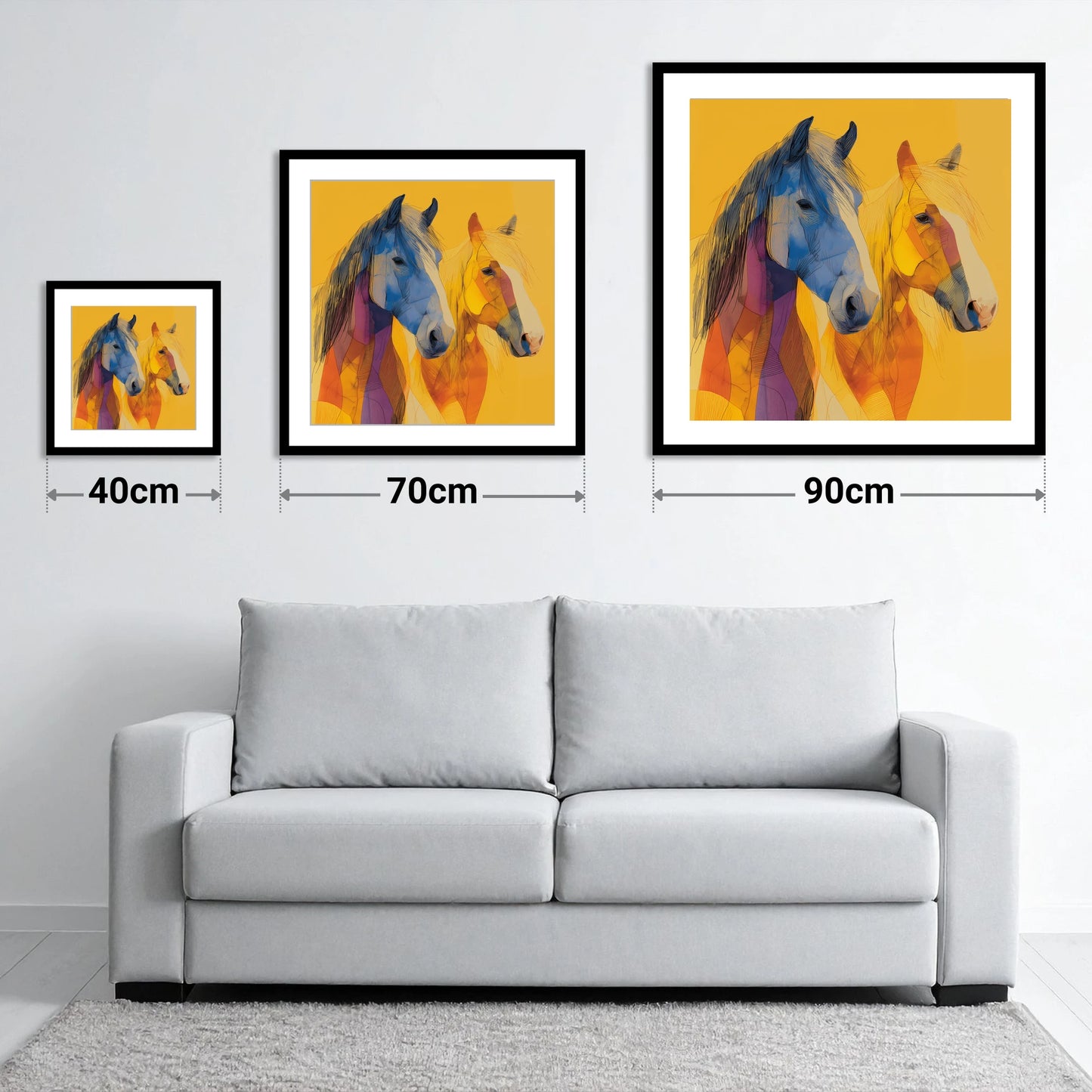 Prismatic Companions - size guide showing 40cm, 70cm and 90cm art prints