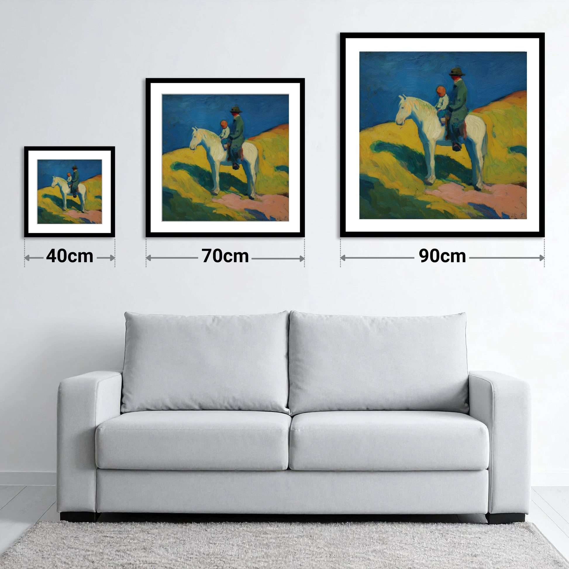 Generations in the Saddle - size guide showing 40cm, 70cm and 90cm art prints