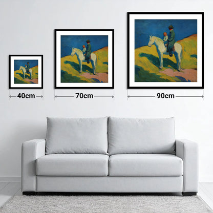 Generations in the Saddle - size guide showing 40cm, 70cm and 90cm art prints