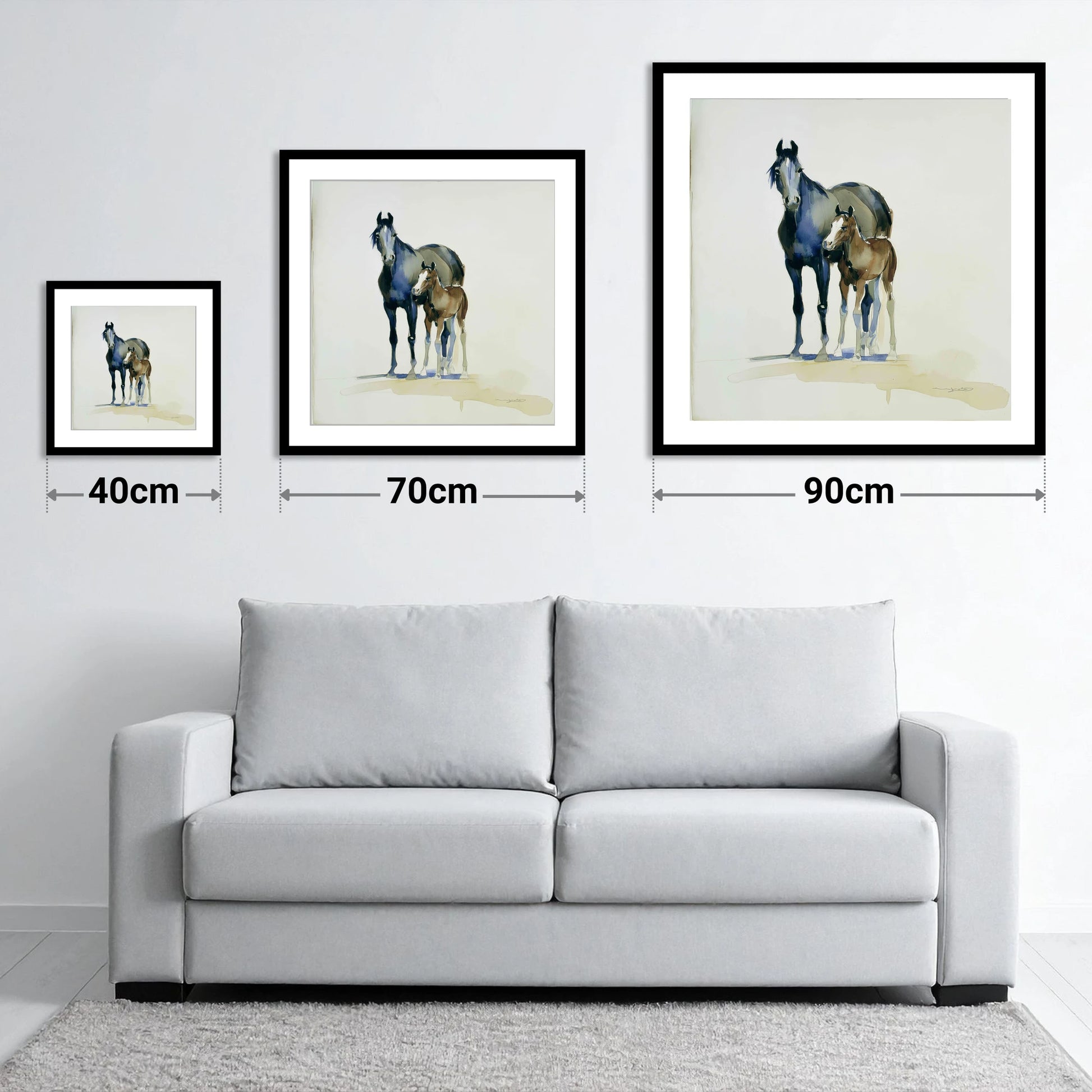 Watchful Bond - size guide showing 40cm, 70cm and 90cm art prints