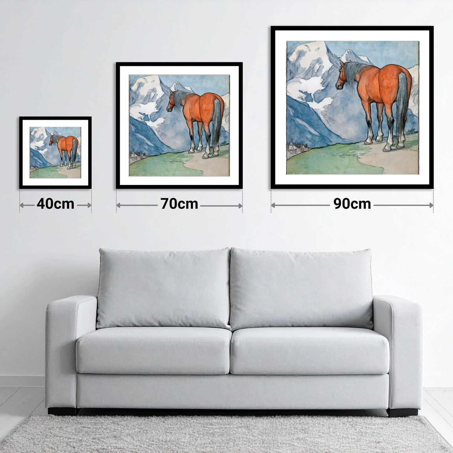 The Mountain Sentinel - size guide showing 40cm, 70cm and 90cm art prints