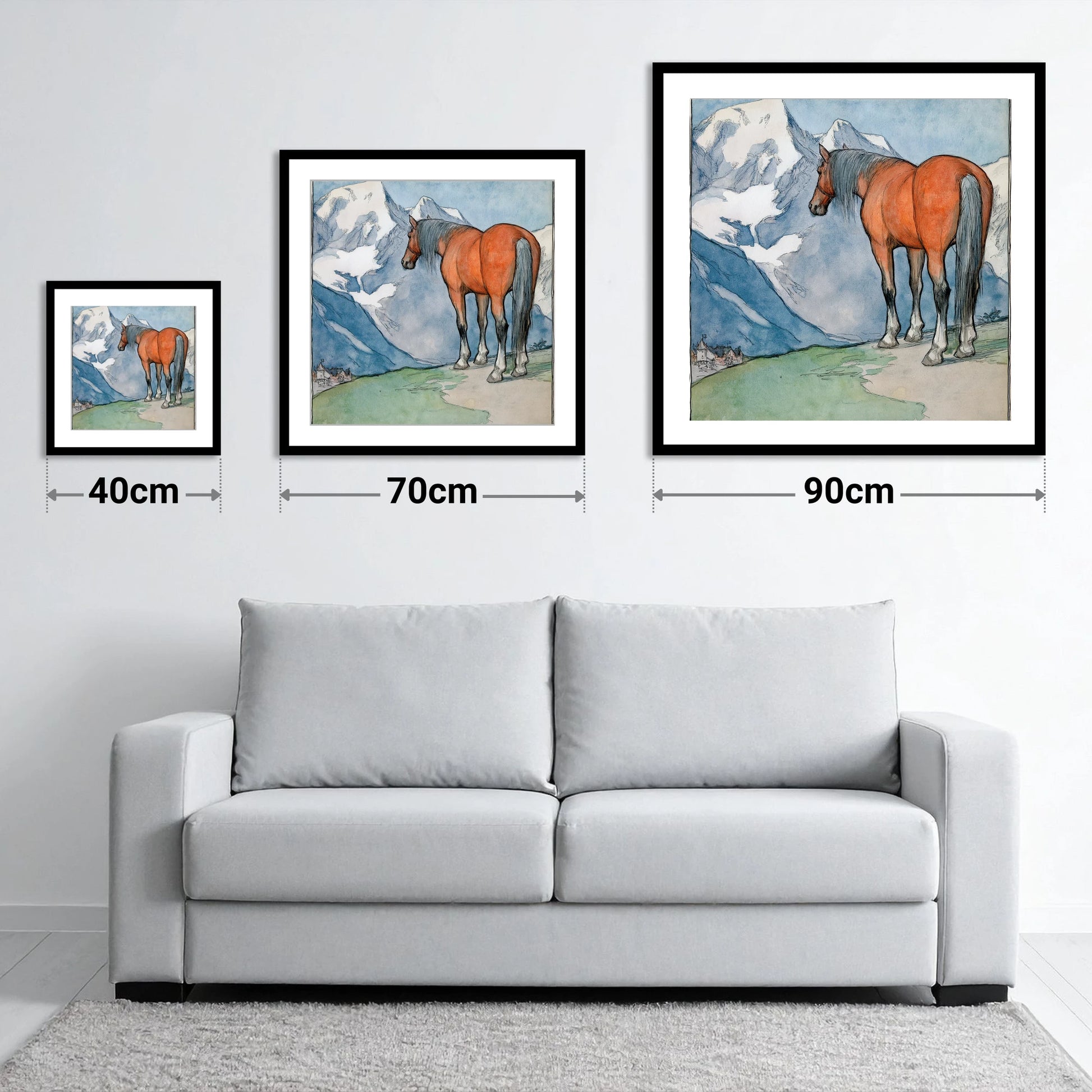 The Mountain Sentinel - size guide showing 40cm, 70cm and 90cm art prints