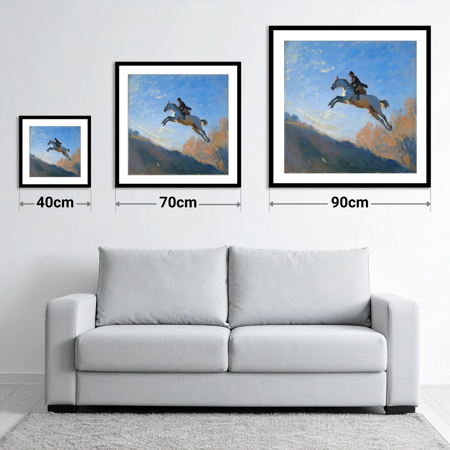 Flight Over The Ridge - size guide showing 40cm, 70cm and 90cm art prints